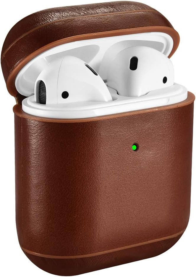 ICARER Leather Case for AirPods 1st and 2nd, Premium Genuine Leather Portable Shockproof Protective Cover for Apple AirPods 1&2 Earphones Charging Case (LED Visible) Support Wireless Charging (Brown).