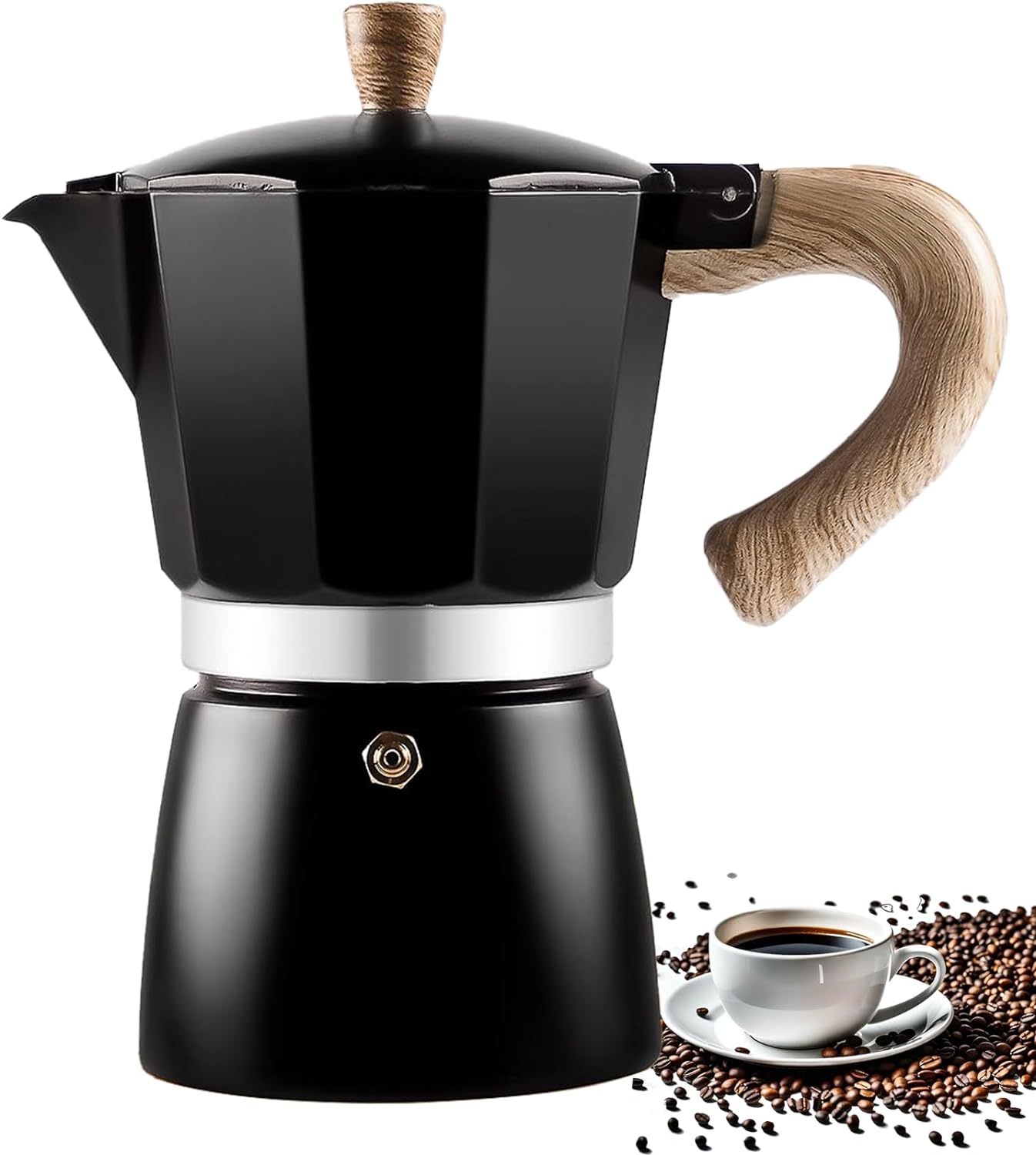 Fychuo Stovetop Coffee Maker, Moka Pot Italian Espresso Maker, 6 Cup Aluminium Stove Top Coffee Maker 300ml Stovetop Coffee Makers Portable Coffee Makers Pot with Wood Handle.