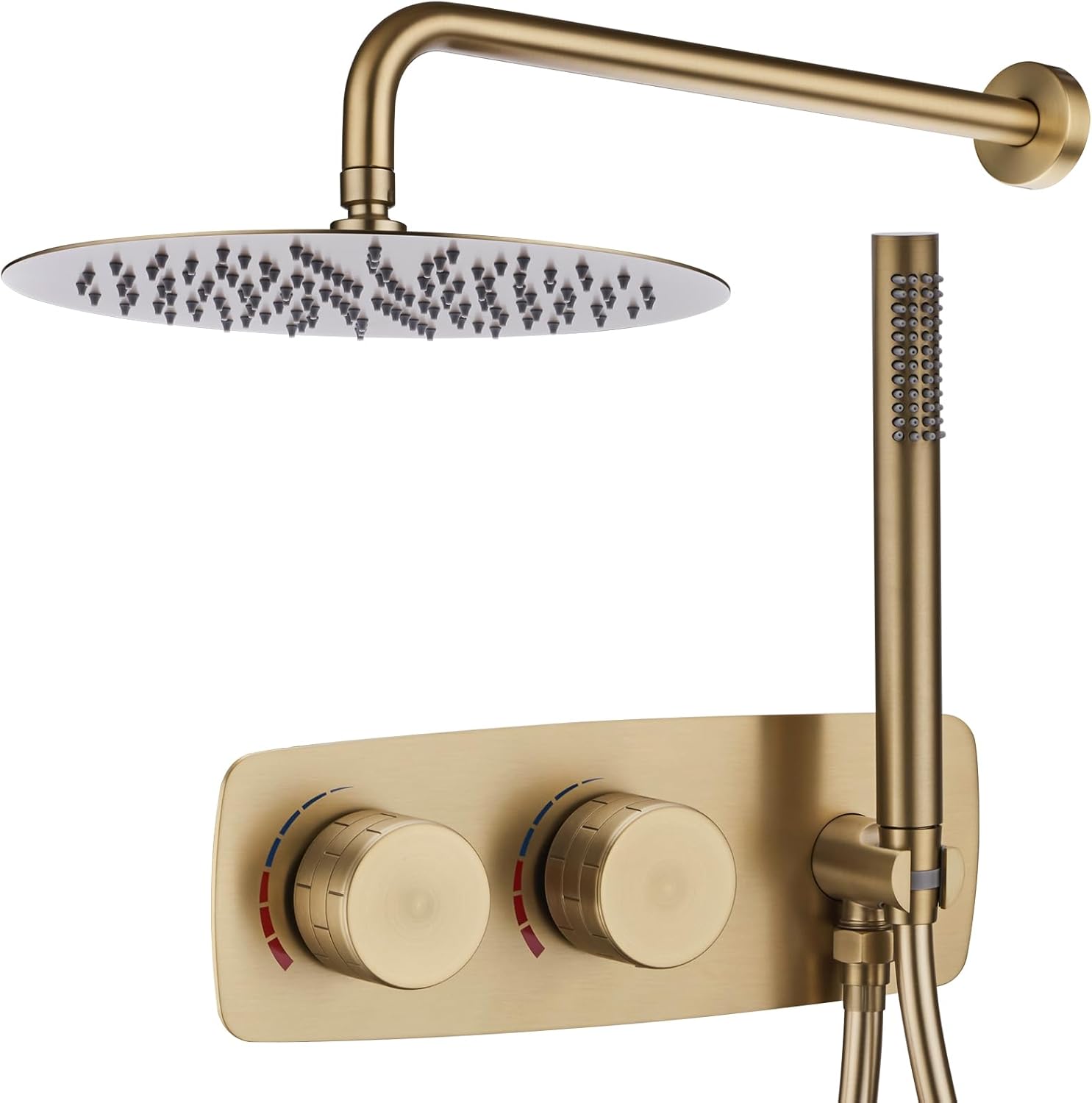 Luxury Round Bathroom Concealed Brass Shower System Kit,12 Inch Rain Shower System Set with Handheld Shower Head and Shower Mixer Valve,2 Functions Brushed Gold.