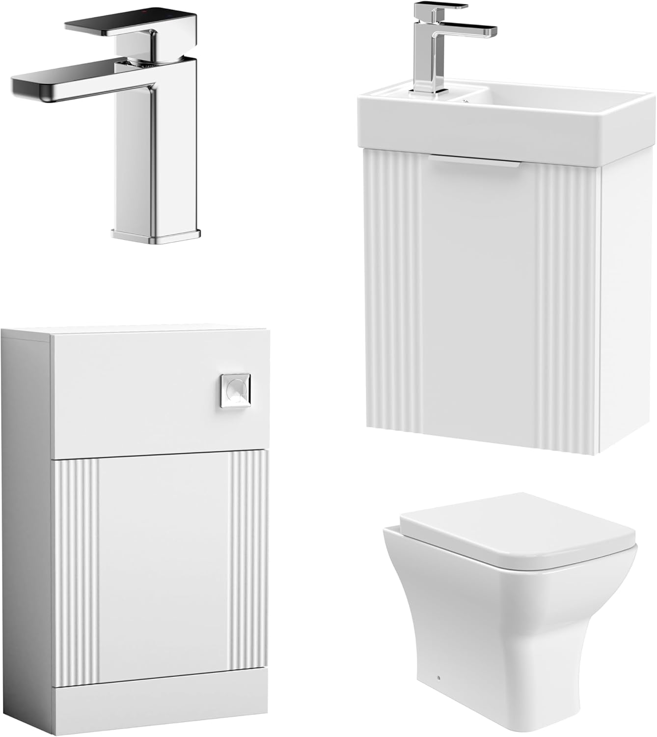 Balterley Cloakroom Suite - Fluted Wall Hung Vanity, WC, Toilet and Tap - White/Chrome.