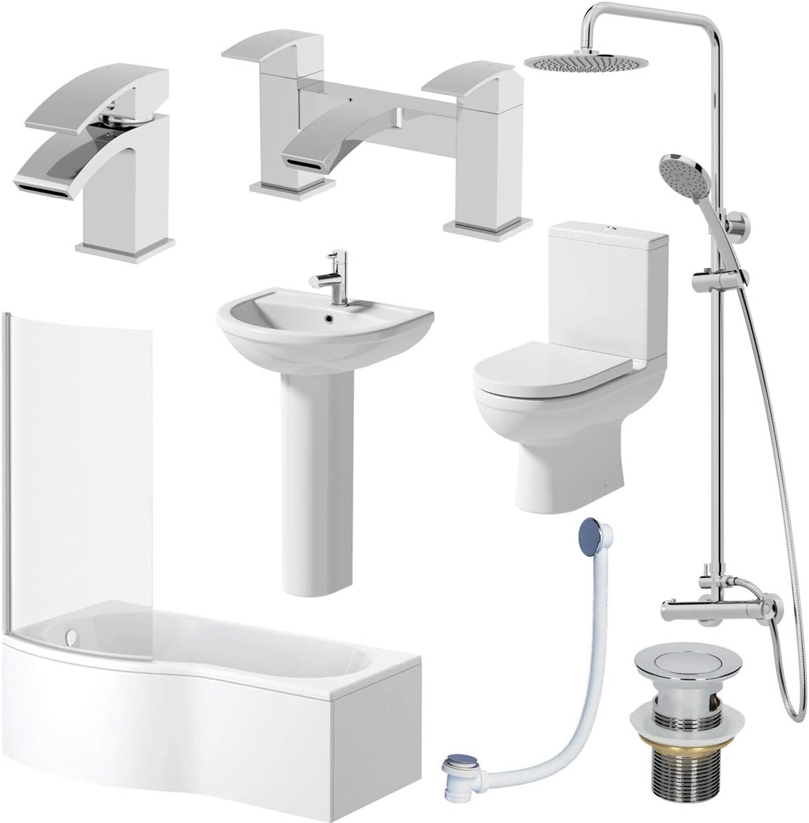 Affine Complete Bathroom Suite LH Shower Bath 1700 Toilet Basin Pedestal Shower Tap Set.