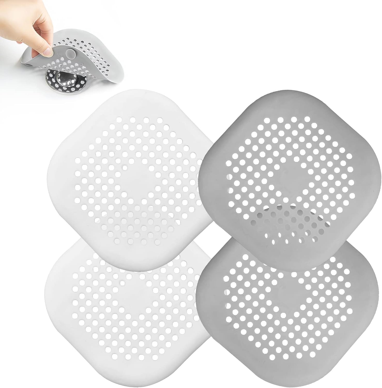 tifanso 4 Pcs Silicone Drain Protector with Sucker Sink Strainer Shower Drain Cover Hair Catcher For Shower Drain Strainer Plug Trap Filter for Bathroom (2White+Grey).