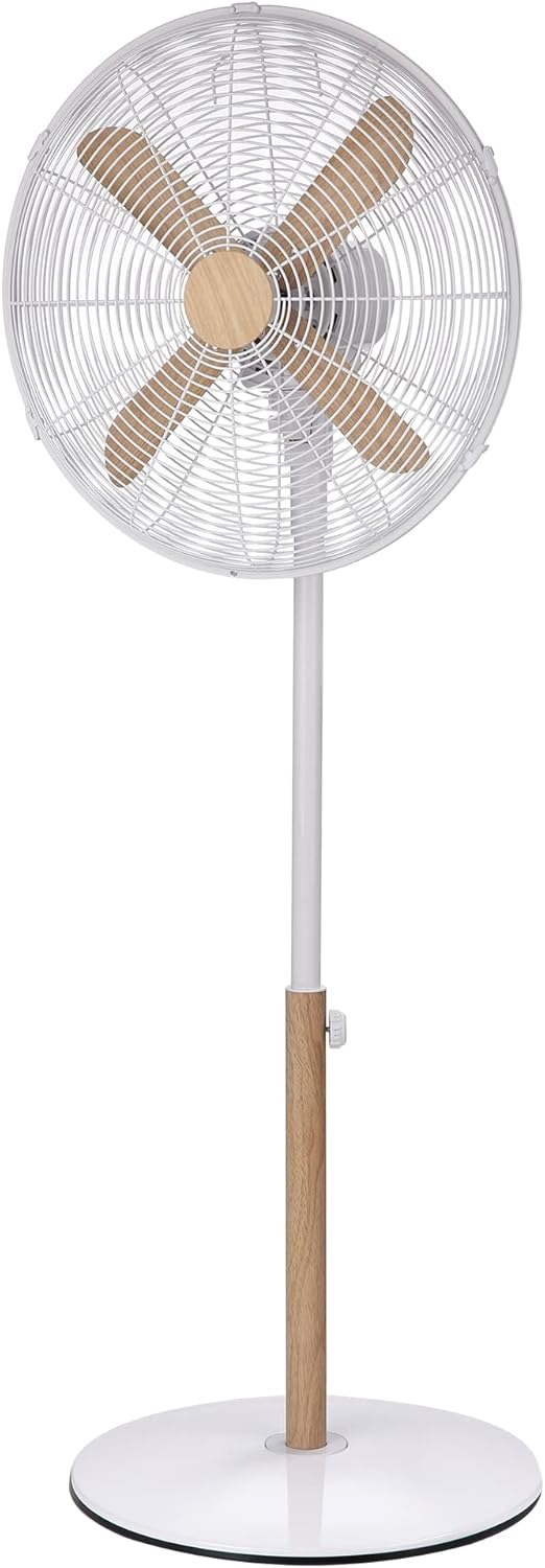 Russell Hobbs RHMPF1601WDB 16 Inch Scandi Electric Pedestal Fan, Tall Standing Fan, 1 m to 1.25 m Height, 3 Speed Settings, Oscillating Fan and Adjustable Tilt, 60W, Black and Wood Effect.