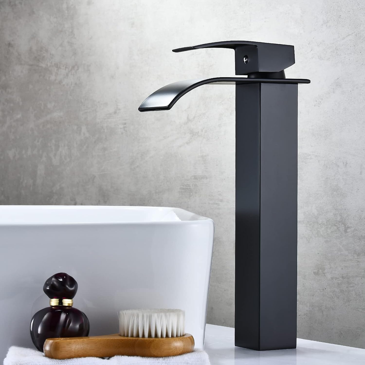 Matt Black Basin Mixer Taps, Tall Waterfall Bathroom Sink Taps, Single Lever Handle Countertop Washbasin Mixer Tap.