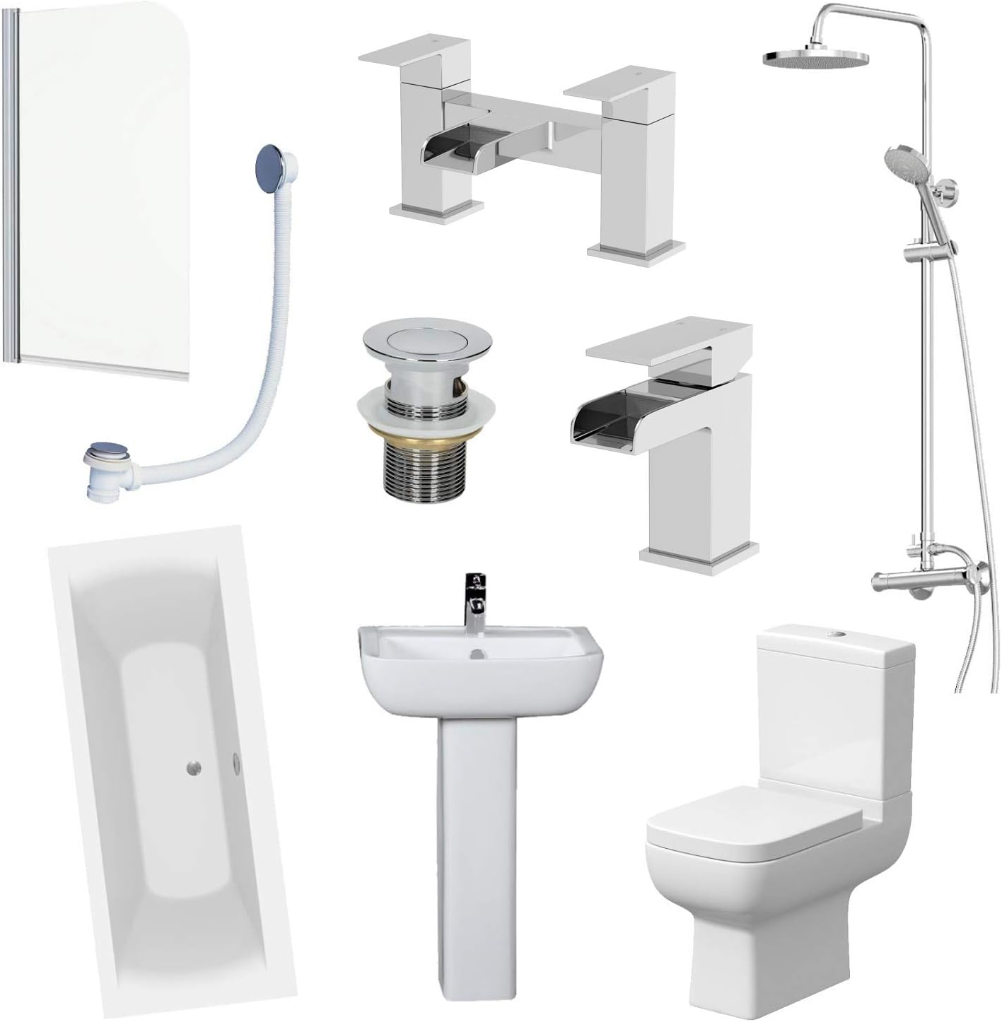 Affine 1700mm Bathroom Suite Double Ended Bath Shower Screen Toilet Taps Basin Pedestal.