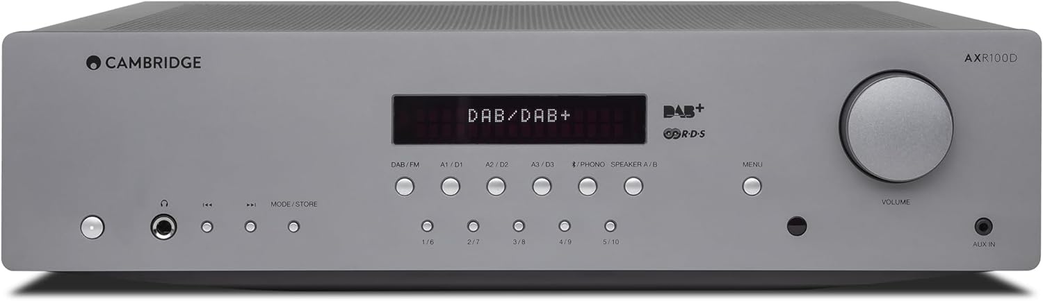 Cambridge Audio AXR100D - 100 Watt Separate HiFi Stereo Reciever Featuring Built-In Phono Stage DAB/FM Radio and Bluetooth 5.0 - Lunar Grey.