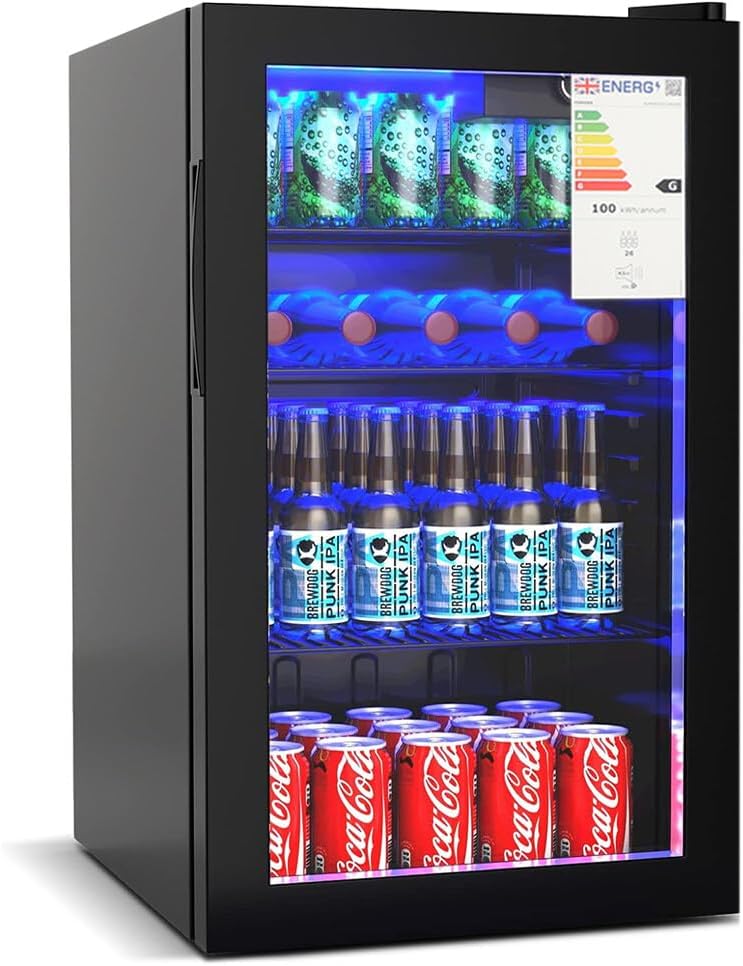 Panana Under Counter Beer & Drinks Fridge-90L Capacity,Holds up to 115 Cans, Premium Temperature Performance (2℃ to 15℃), Full Length Low-E Glass, Removable Shelves, LED Light, Low Noise.