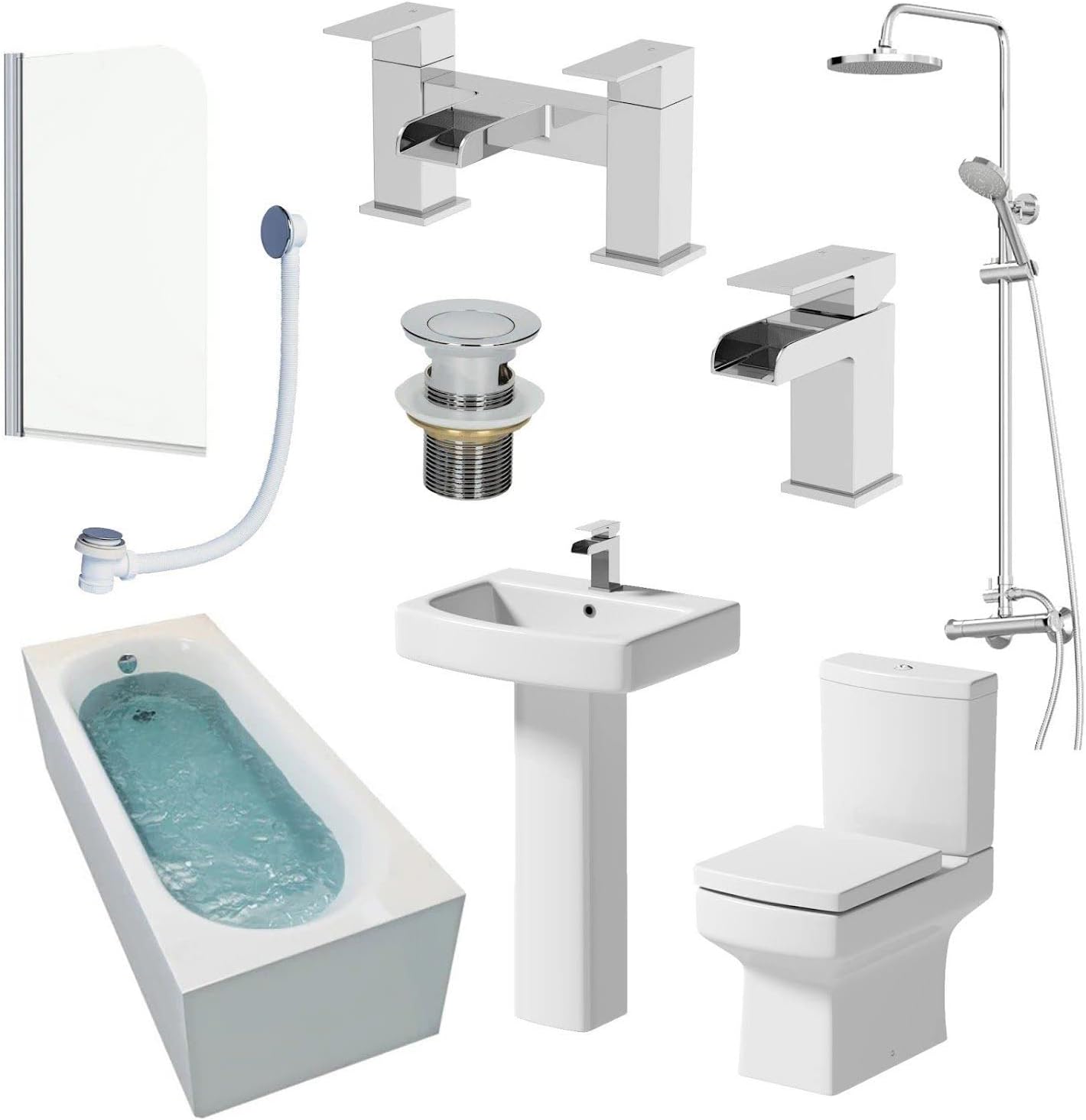 BAYSTONE Complete Bathroom Suite Set with 1600mm Single Ended Bath, Close Coupled Toilet, Ceramic Pedestal Basin, Thermostatic Shower, Bathroom Sink Taps, Bath Shower Screen + Wastes.