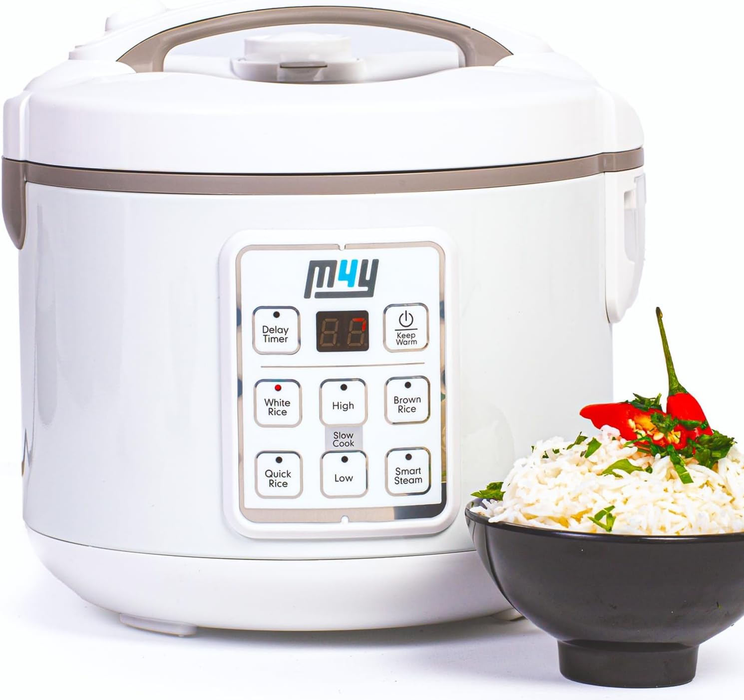 M4Y Rice Cooker, Slow Cooker and Food Steamer for 1-6 People – 1.2 Litre - Keep Warm Function, Delay Timer, Premium Inner Pot, Spatula & Measuring Cup, Perfect Rice Every time– Quick & Easy.