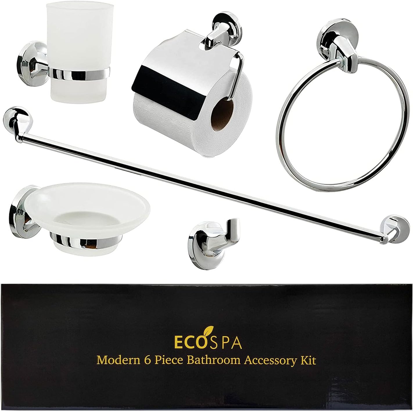 ECOSPA 6 Piece Bathroom Accessory Set - Includes Wall Mounted Chrome Towel Ring and Toilet Roll Holder with Cover Plate, Frosted Glass Soap Dish, Toothbrush Holder & Bath Robe Hook in Chrome.