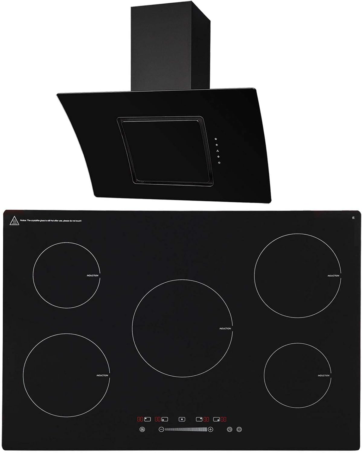 SIA 90cm Black Glass 5 Zone Induction Hob & Curved Angled Cooker Hood Extractor.