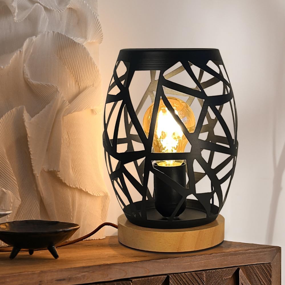 HHMTAKA Black Bedside Lamp Dimmable Metal Table Lamp with Wooden Base Decorative Lamp for Bedroom Living Room Dinner Bar(LED Bulbs Included).