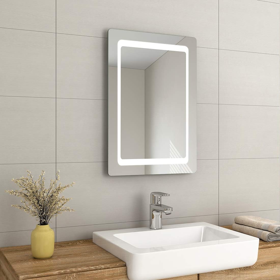 EMKE 500 x 700mm Illuminated LED Bathroom Mirror with Safety Shaver Socket, Bathroom Led Mirror with Touch Switch, Demister and Brightness Adjustment, Smart Wall Mounted Mirror for Bathroom.