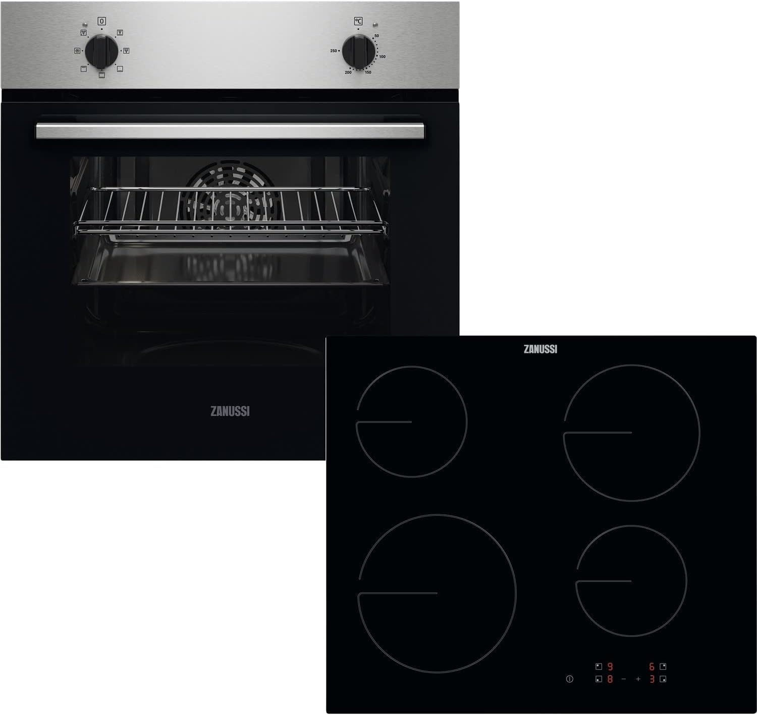 Zanussi ZPV2000BXA Built In Electric Single Oven and Ceramic Hob Pack, 58 Litre Capacity, Multifunctional Oven, Grease-proof Enamel Coating, 64cm, Stainless Steel / Black, [Energy Class A].