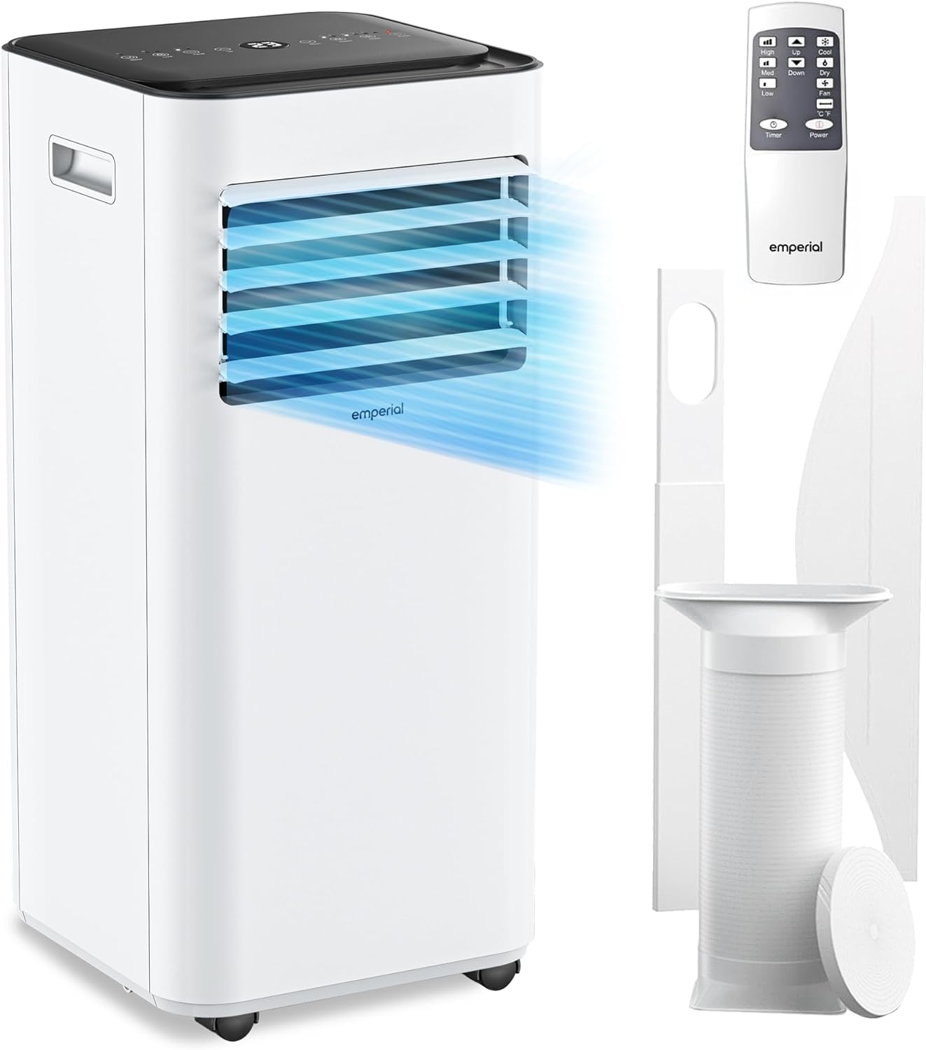 Emperial Air Conditioner 9000 BTU, 4-in-1 Portable Air Conditioning Unit, Dehumidifier, Cooling Fan with 2 Fan Speeds, Digital Display, Remote Control, 24 Hour Timer & Dual Window Venting Kit.