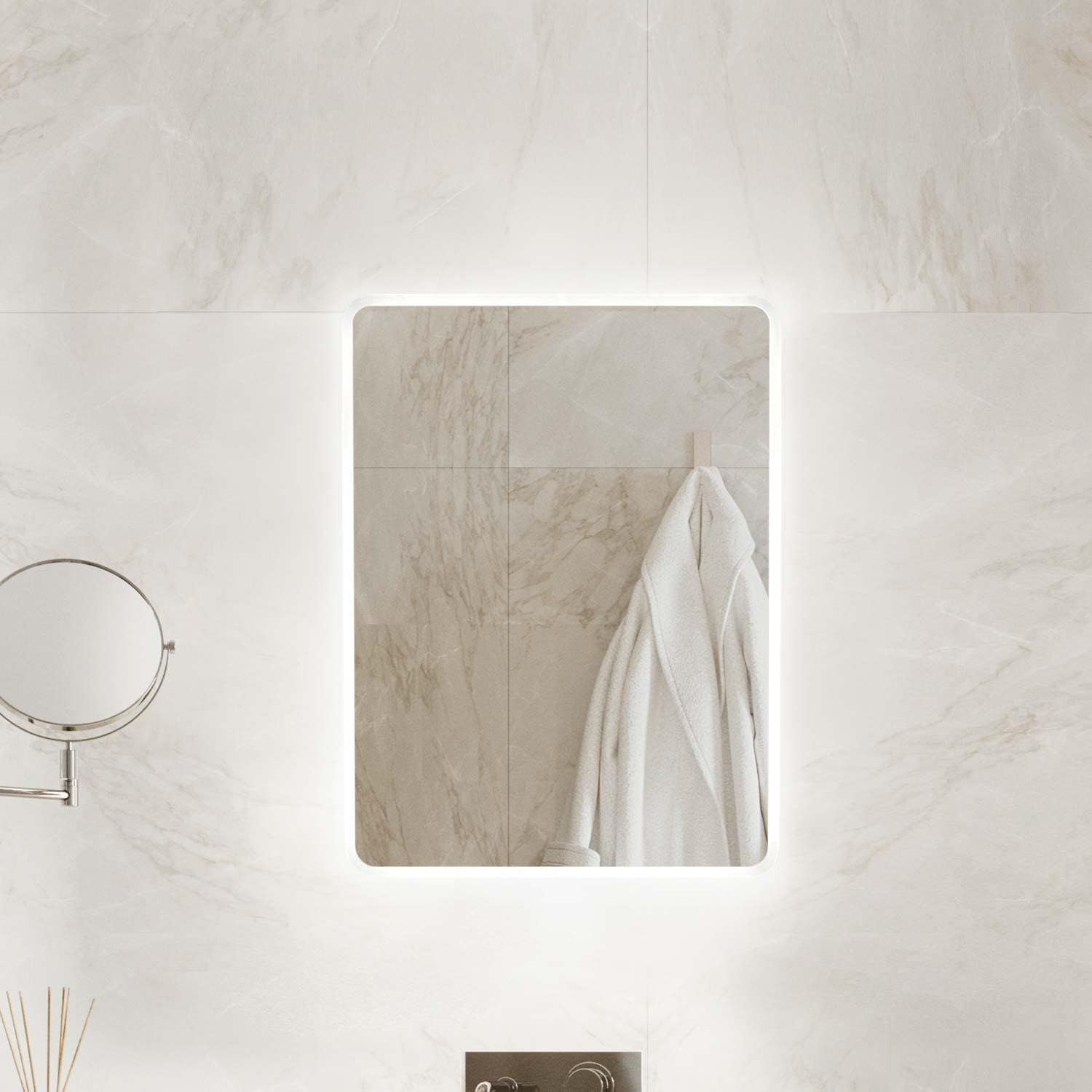 Pebble Grey™ Globe LED Illuminated Bathroom Mirror with Demister Pad and Motion Sensor Switch | 500 x 700mm | Slimeline | Rotatable | IP44 Rated.