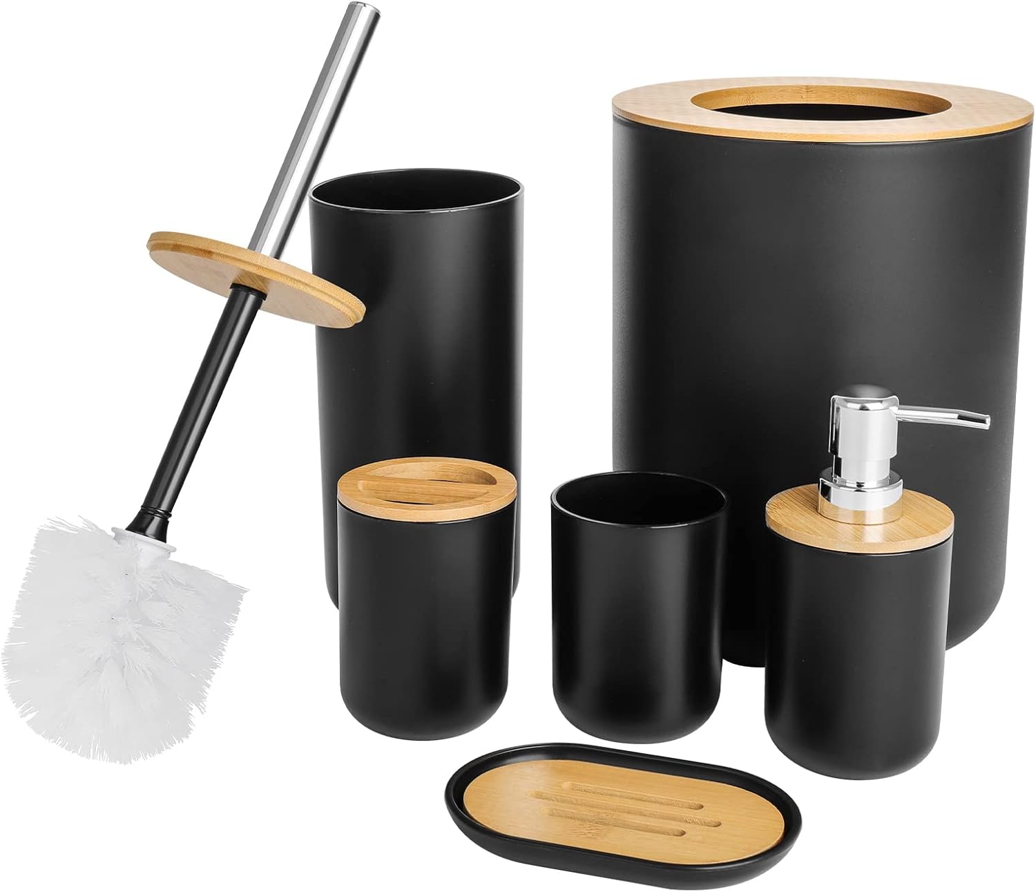 Youyijia 6 Pieces Bathroom Accessories- Bathroom Bin And Toilet Brush Set- Durable Toothbrush Holder Cup- Soap Dispenser With Pump- Soap Dish Holder- Modern Trash Can (Black).