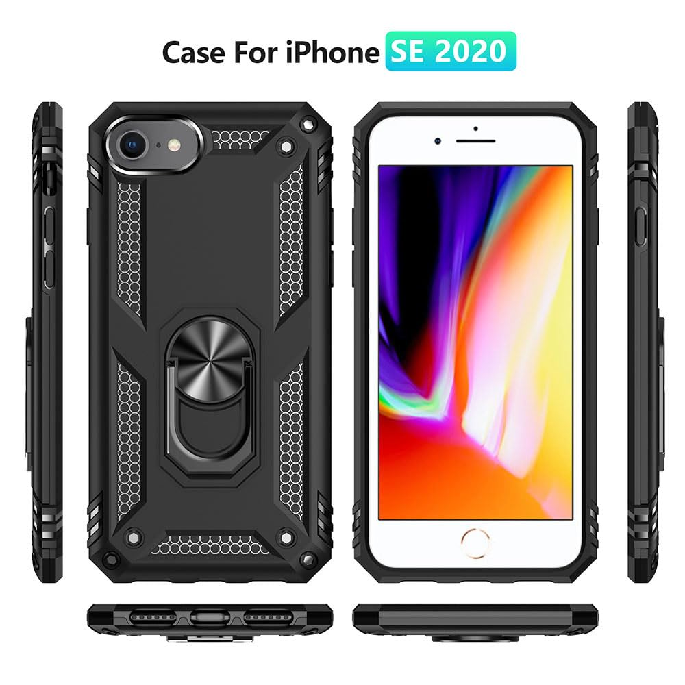 Yiakeng for iPhone 8 Case, iPhone 7 Case With Screen Protector, Silicone Shockproof Military Grade Protective Phone Cover for iPhone SE 2020 (Black).