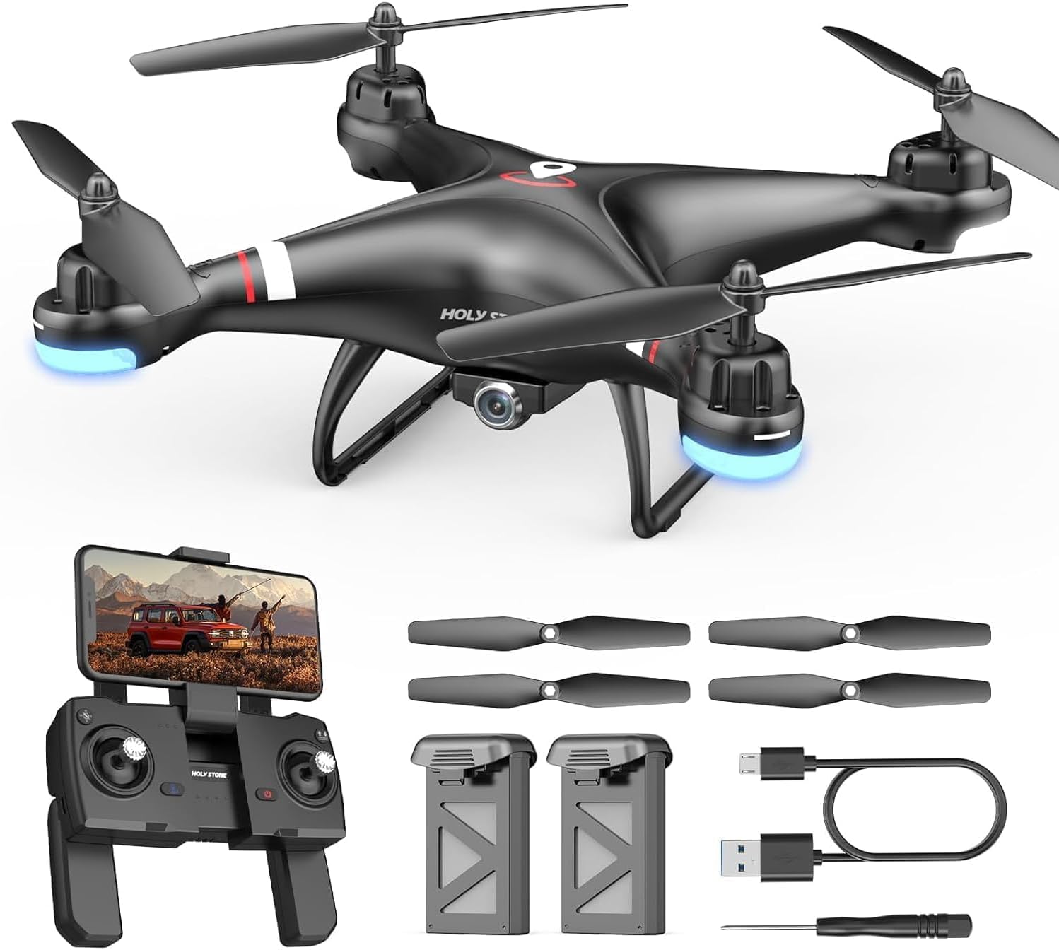 Holy Stone HS110G GPS FPV Drone with 2K HD Live Video Camera for Adults and Kids, RC Quadcopter with Auto Return Home, Altitude Hold and Follow Me, 2 Batteries, Easy to Use for Beginners.