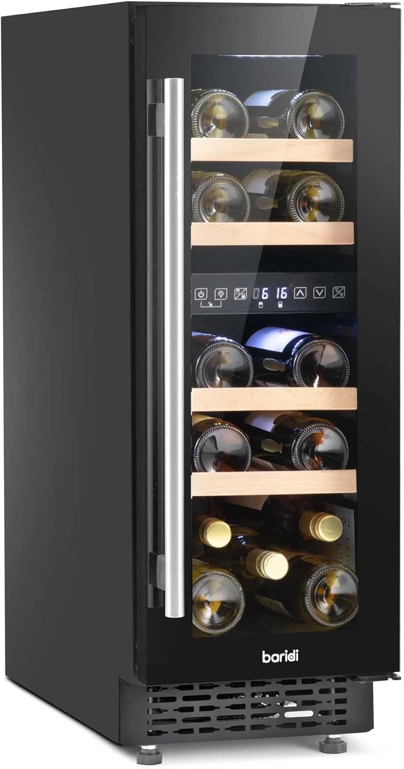 Baridi 17 Bottle Dual Zone Slim Built-In 30cm Wine Cooler, Touch Screen Controls, Wooden Shelves, LED, Black - DH204.