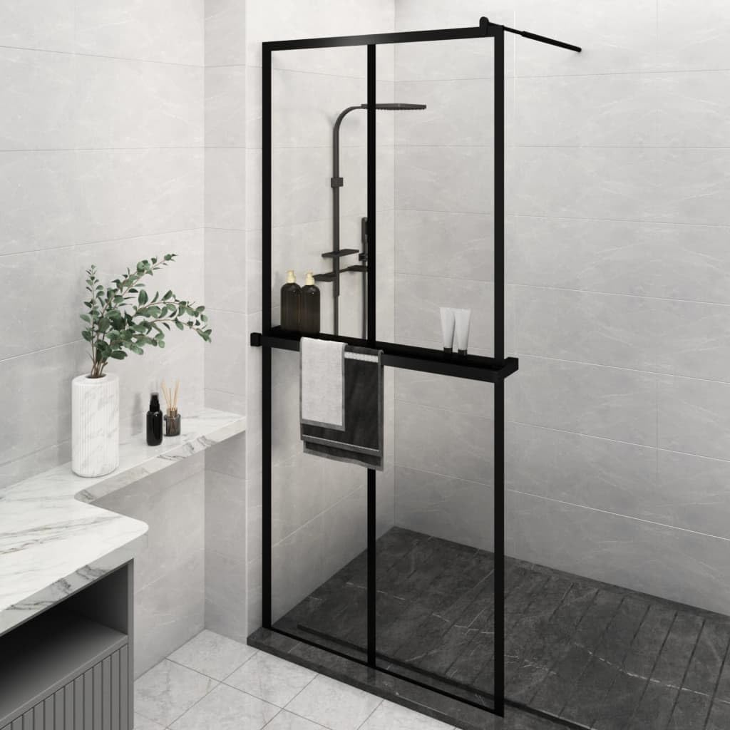 GuyAna Walk-in Shower Wall with Shelf Black 100x195 cm ESG Glass&Aluminium,Over Bath Shower Screen Door Framed Toughened Safety Clear Glass Panel Bathroom Bath Screens.