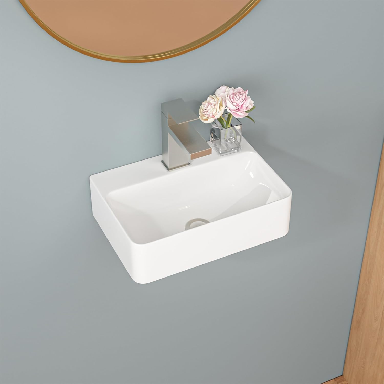 Floating Bathroom Sink Wall Mounted - Sarlai Wall Mount Hung Bathroom Sinks Tiny Small Modern Rectangle Floating White Porcelain Ceramic Vanity Sink 355x254x114mm(WxDxH).