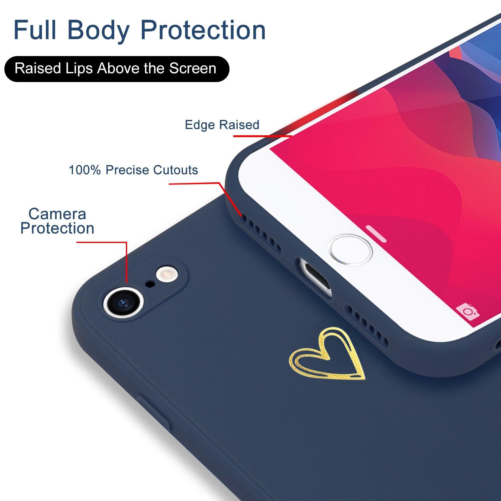 Wirvyuer Compatible with iPhone SE Case 2022/2020, iPhone 8 iPhone 7 Phone Case for Women Girls Silky Soft Protective Shockproof Silicone Phone Case with Cute Heart Pattern Design, Blue.