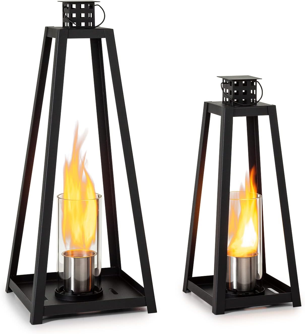 Blumfeldt Fiamme Cilindro Ethanol Lantern 2-pc Set - Steel Burners with 0.3 L Volume each, burns for up to 4 hours, burns without odour or residue, extinguishing tool, Black.