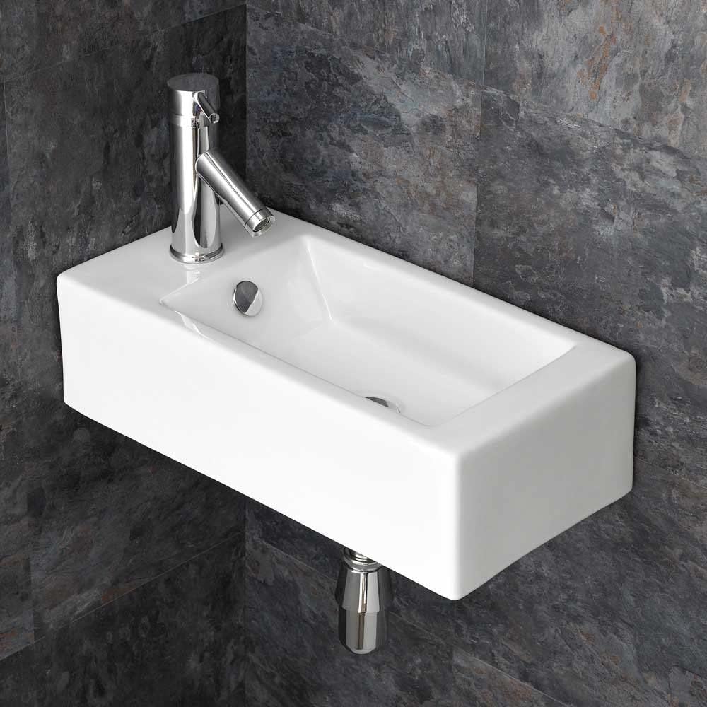 Clickbasin Wall Mounted White Ceramic Bathroom Sink Narrow Cloakroom Basin Left Hand 500mm X 245mm Lucca.