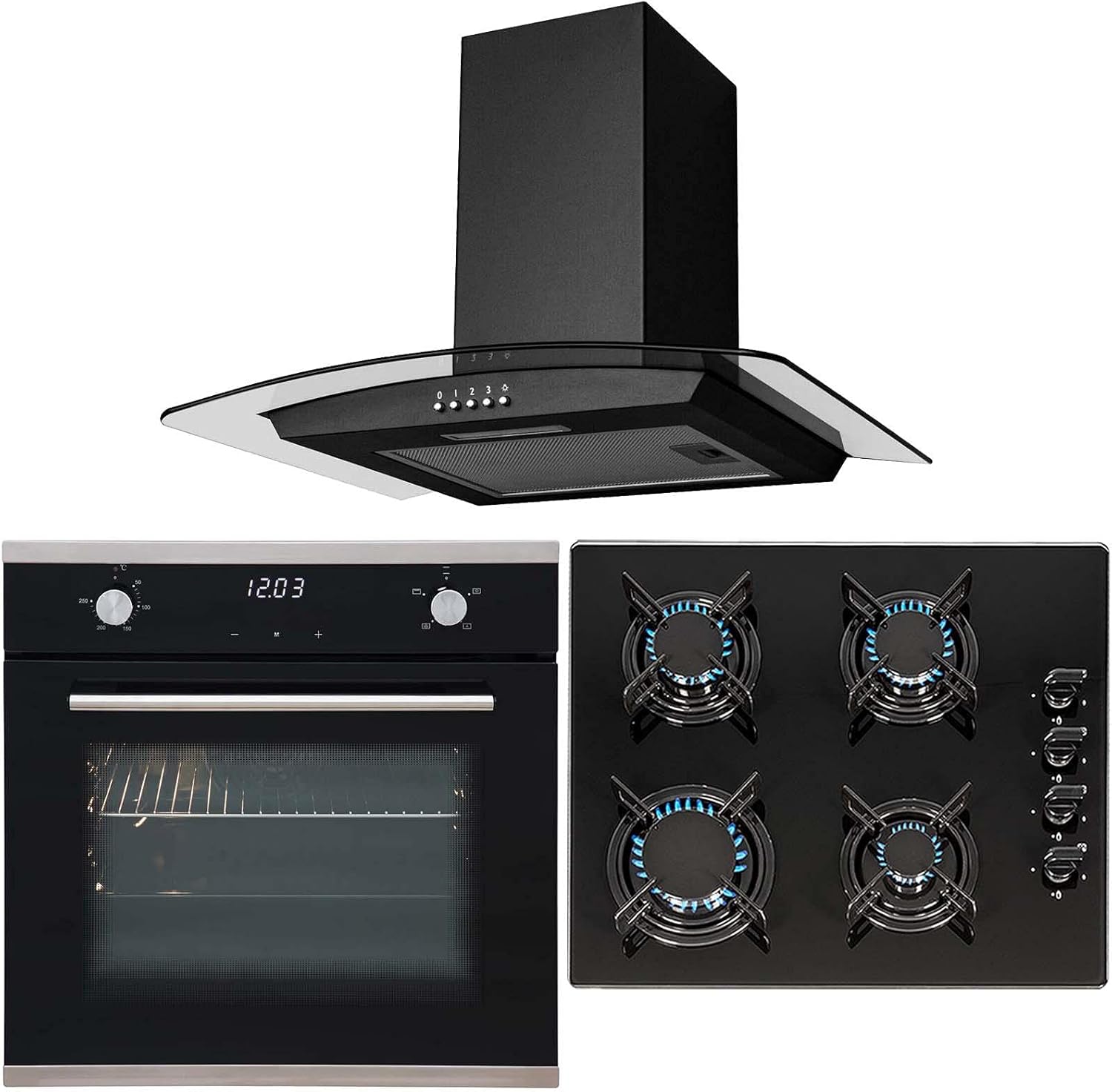 SIA 60cm Black Single Touch Control Fan Oven, 4 Burner Gas Hob & Curved Hood Fan.