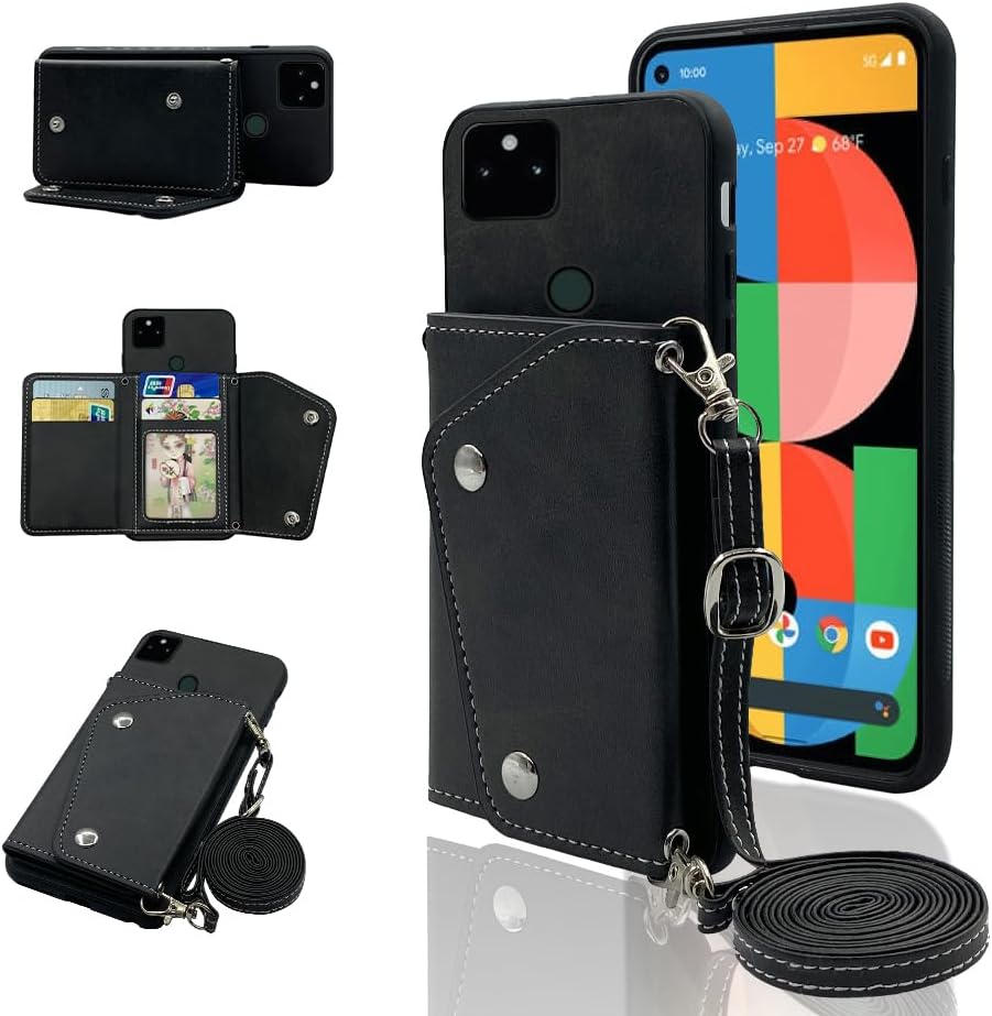 ELISORLI Phone Cover for Google Pixel 5a 5G Wallet Case with Crossbody Shoulder Strap and Stand Leather Credit Card Holder Cell Accessories Pixel5a5G Pixel5a a5 G5 Pixle 5a5G 2021 Girls Women Black