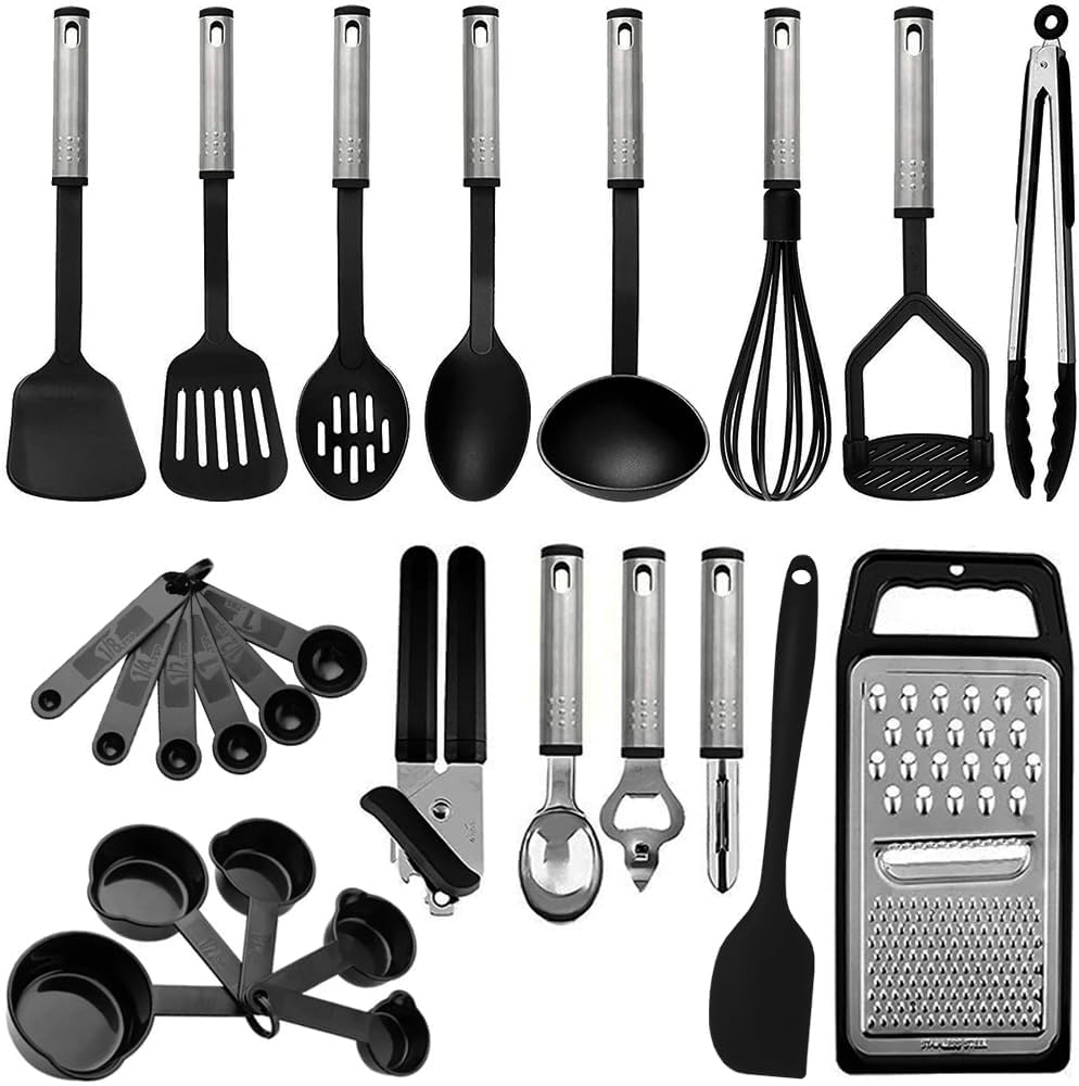 Kitchen Utensils Set, 24 Piece Stainless Steel Heat Resistant Cooking Utensils Set with Black Block Holder - Non-Stick Cooking Supplies Opener, Spoon, Whisk Cookware Set.