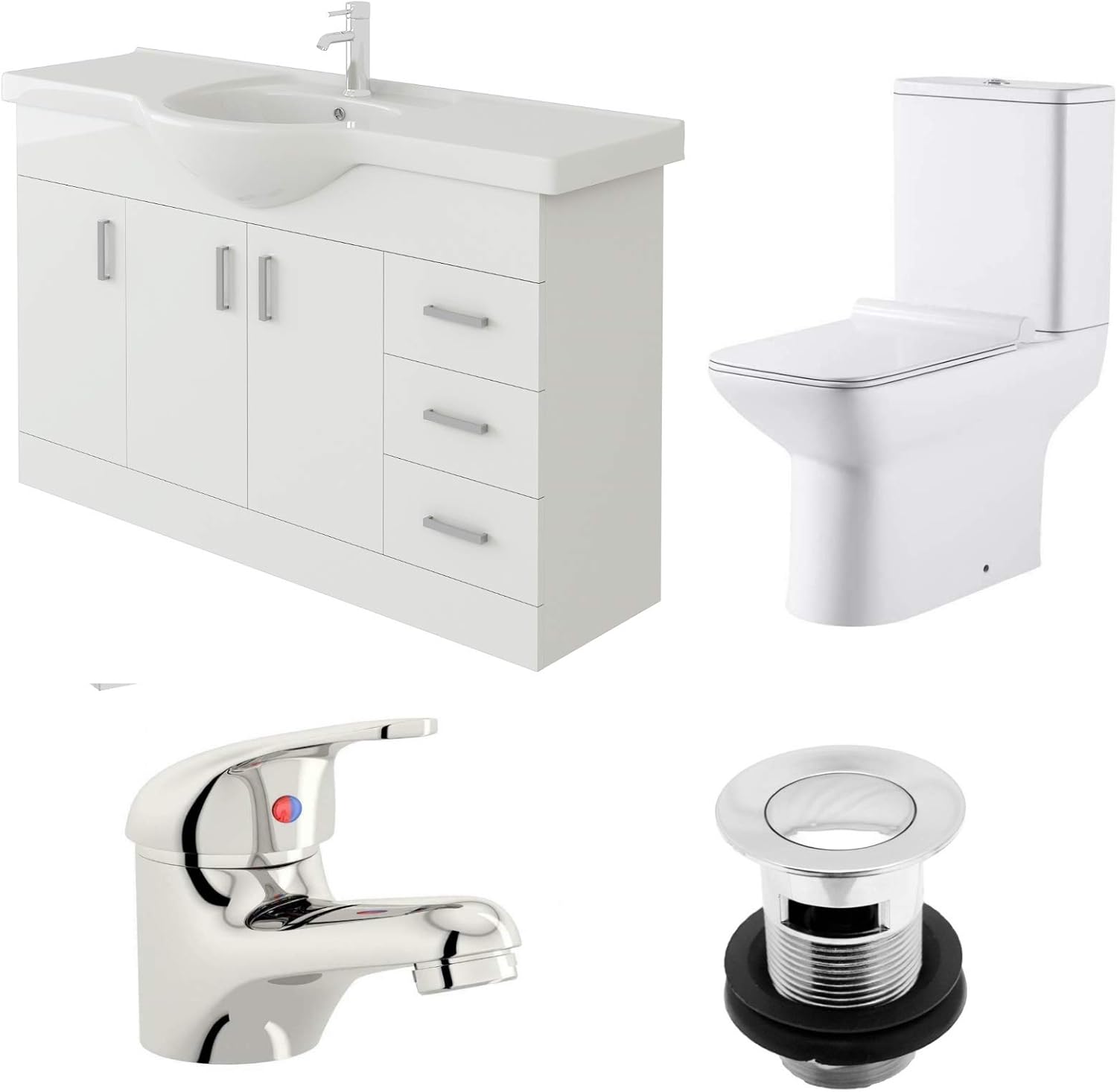 VeeBath Linx Bathroom Suite - 1200mm Vanity Cabinet Sink Unit, Sleek Close Coupled Toilet & Mono Basin Mixer with Waste.