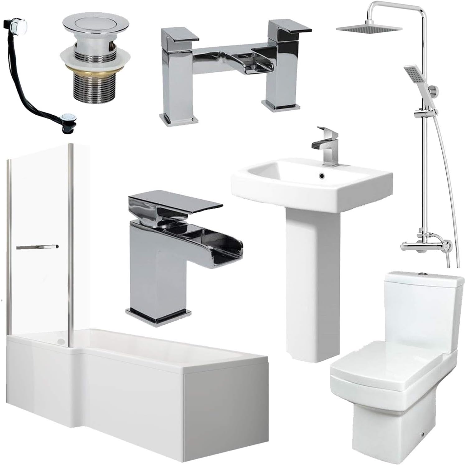 Affine Complete Bathroom Suite 1500 L Shape Bath Left Hand Screen with Rail Basin Toilet Taps Shower.