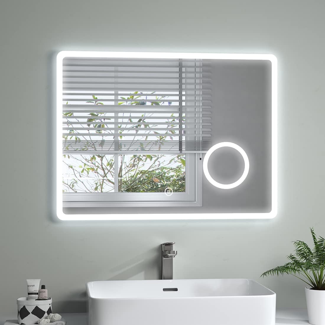 S'AFIELINA Bathroom Mirror with LED Lights 500 * 700 MM, Illuminated Backlit Wall Mounted Bathroom Mirrors with Shaver Socket and Demister Pad, 3X Magnifier, Vertical.