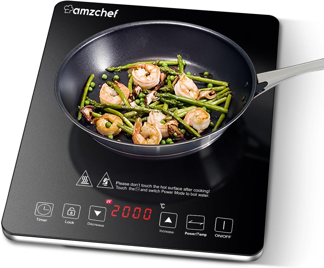 AMZCHEF Single Induction Cooker, Ultra-thin Induction Hob with Fashion Look, 10-level Power and Temperature Control, Black Frosted Glass Panel, Touch Sensor, 3-hour Timer, Safety Lock.