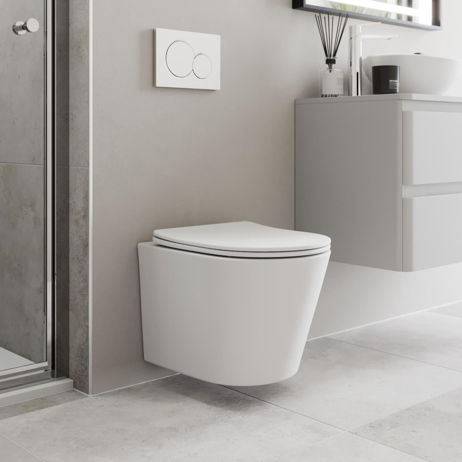 Modern Bathroom Wall Hung Rimless Toilet Pan Soft Close Seat Matt White.