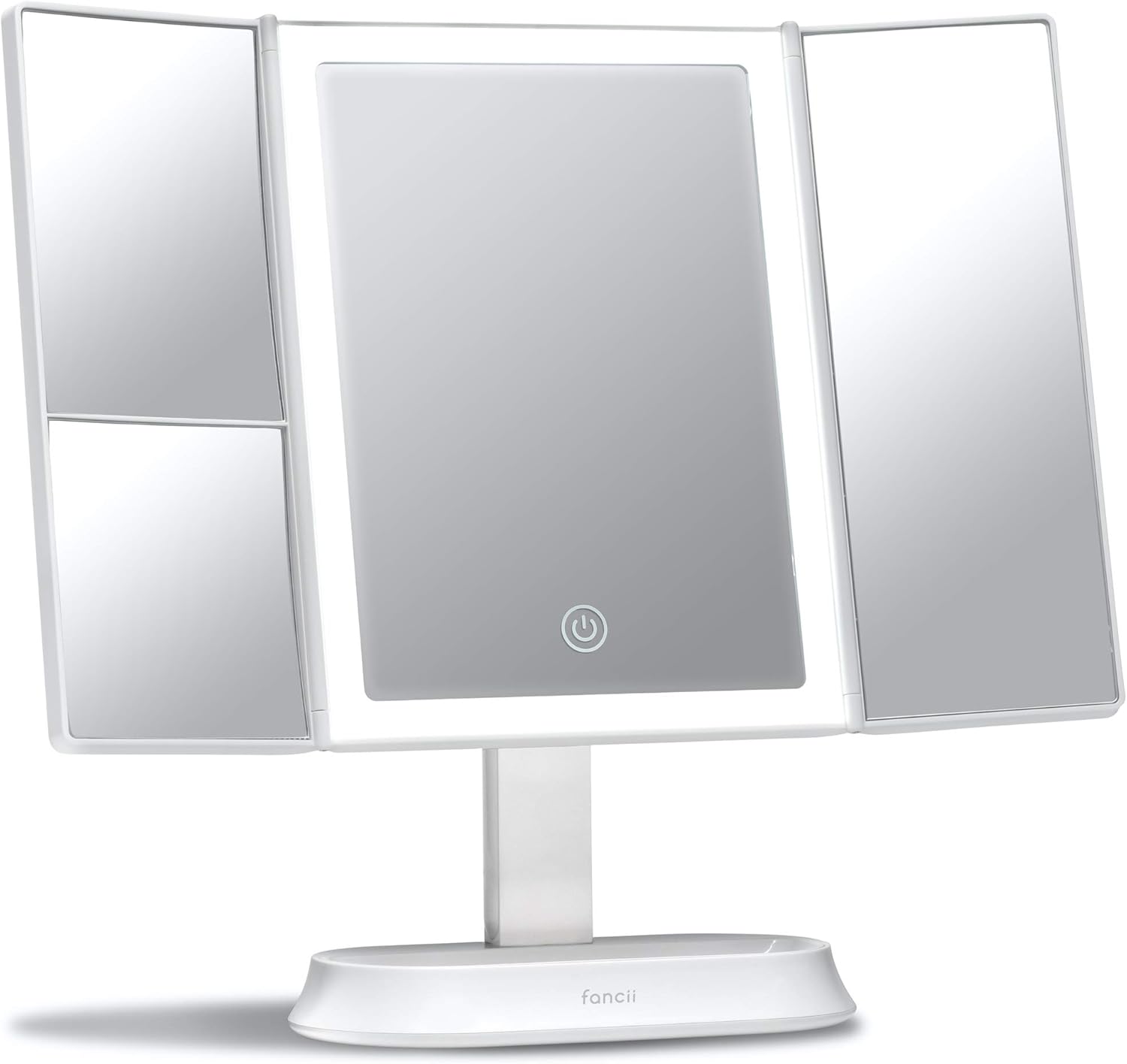 Fancii Large Makeup Mirror with Natural LED Lights, Lighted Trifold Vanity Mirror with 5x & 7x Magnifications - Dimmable Lights, Touch Screen, Cosmetic Stand - Sora (White).