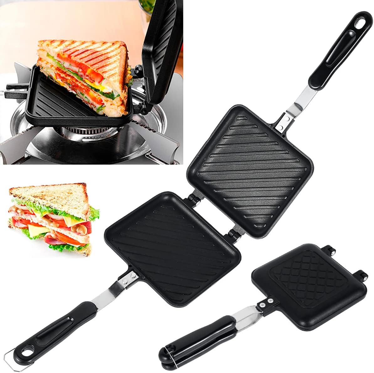 Camping Toastie Maker Non-Stick Stovetop Double Sided Multifunction Stovetop Sandwich Toastie Maker Baking Pan with Heat-Resistant Handles Breakfast Frying Pan for Home Outdoors.