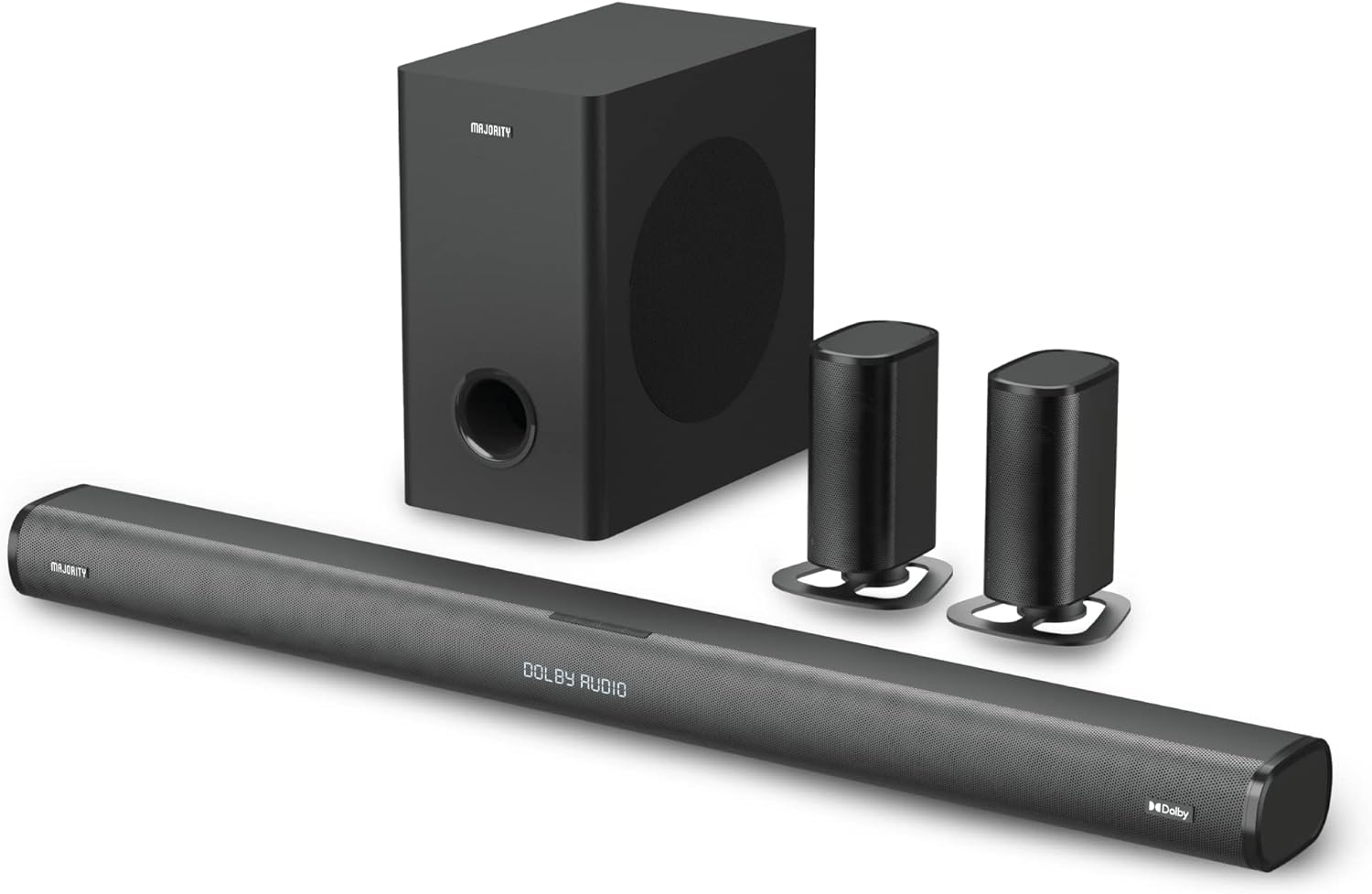 MAJORITY Everest | Bluetooth 5.1 Surround Sound System | 3D Dolby Audio Soundbar, Wireless Subwoofer and Detachable Satellite Speakers | 300W Home Cinema Sound Bar with Optical, AUX & HDMI ARC Input.