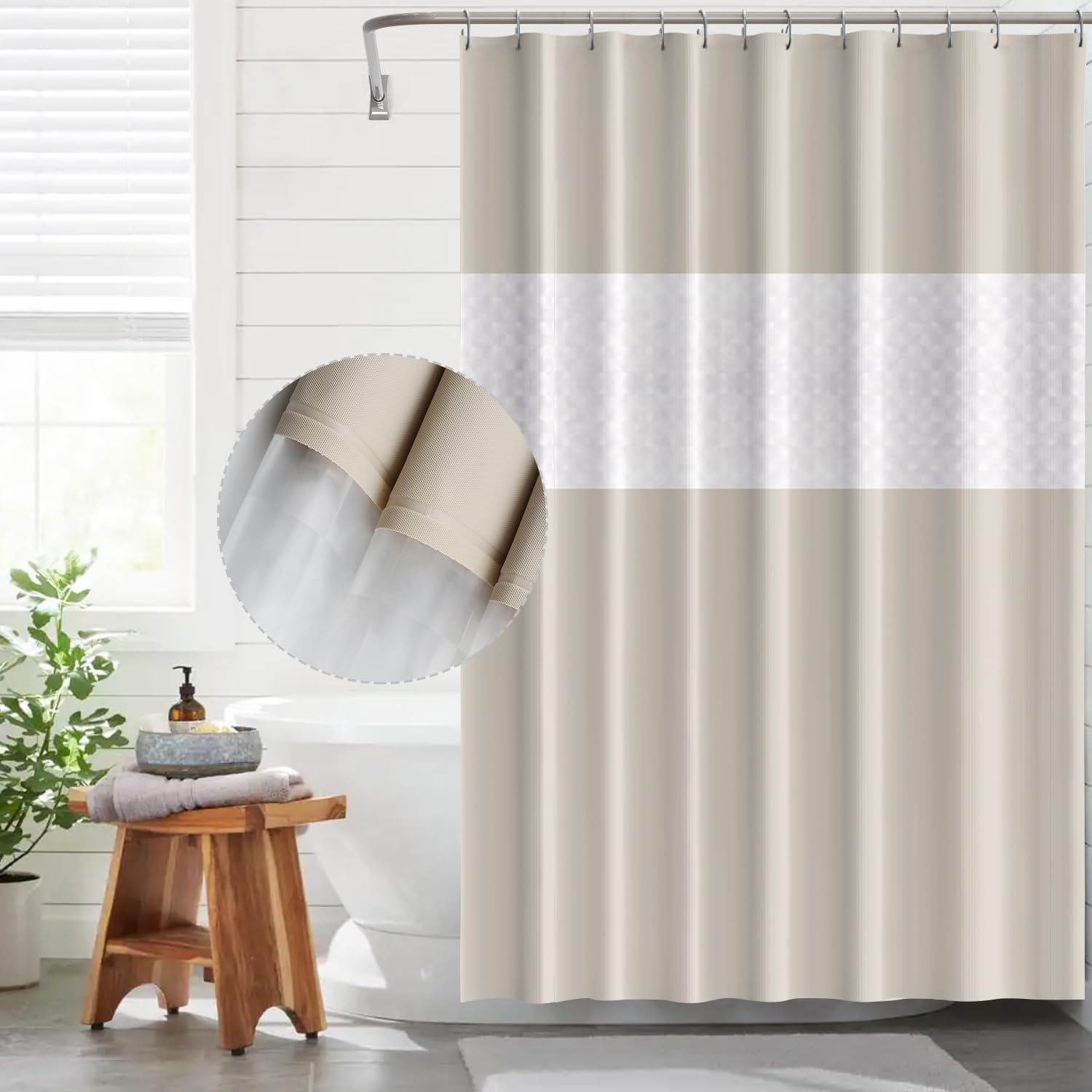 Funria Shower Curtain Beige Bathroom Curtains Waterproof Semi Transparent Wet Room Bath Curtains with Hooks Bathroom Accessories Long Shower Curtain 180 x 200CM Spliced Beige.