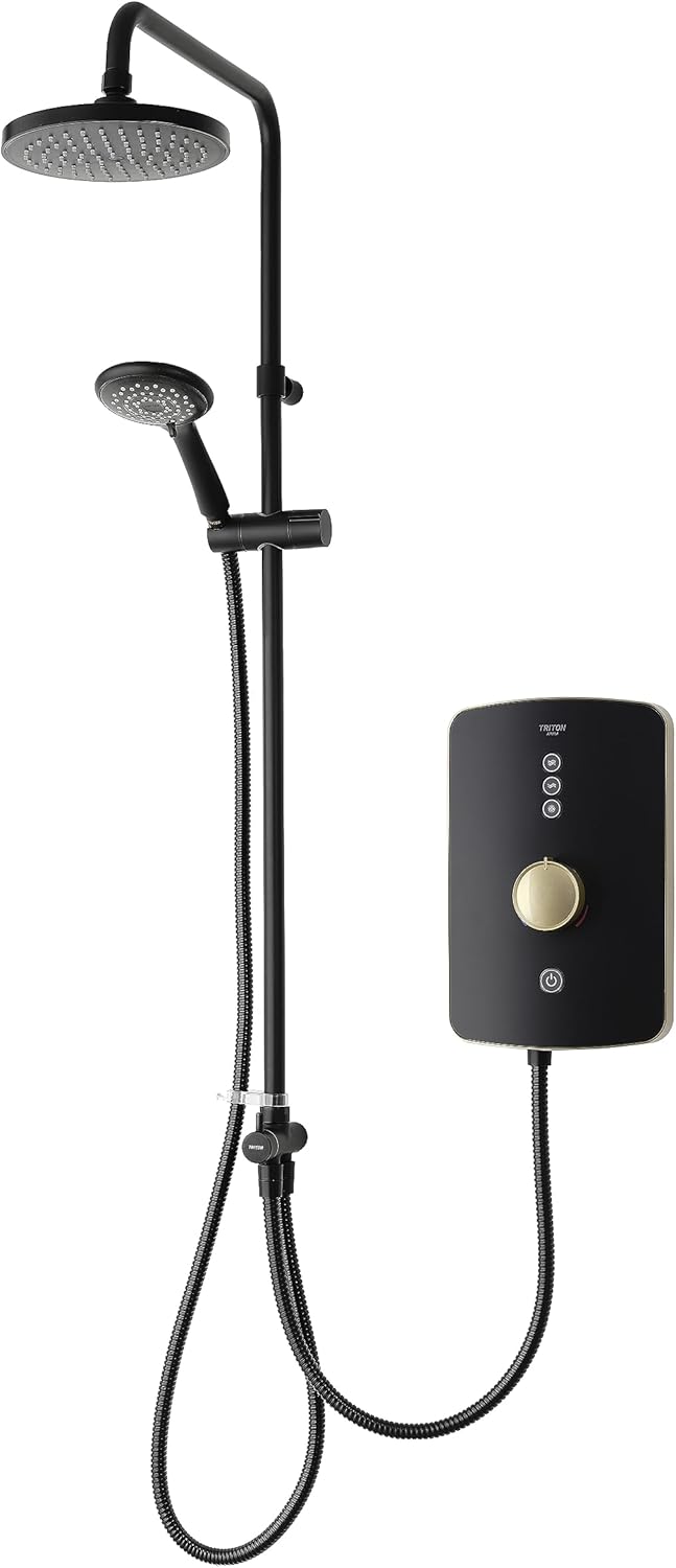 Triton Showers REAMDU97 Amala Metallic DuElec | Shower Electric | 9.5KW | Black I Brushed Brass I Electrical Showers | with Showerhead and Anti Twist Hose | Rainfall Shower Head | for Bathrooms.