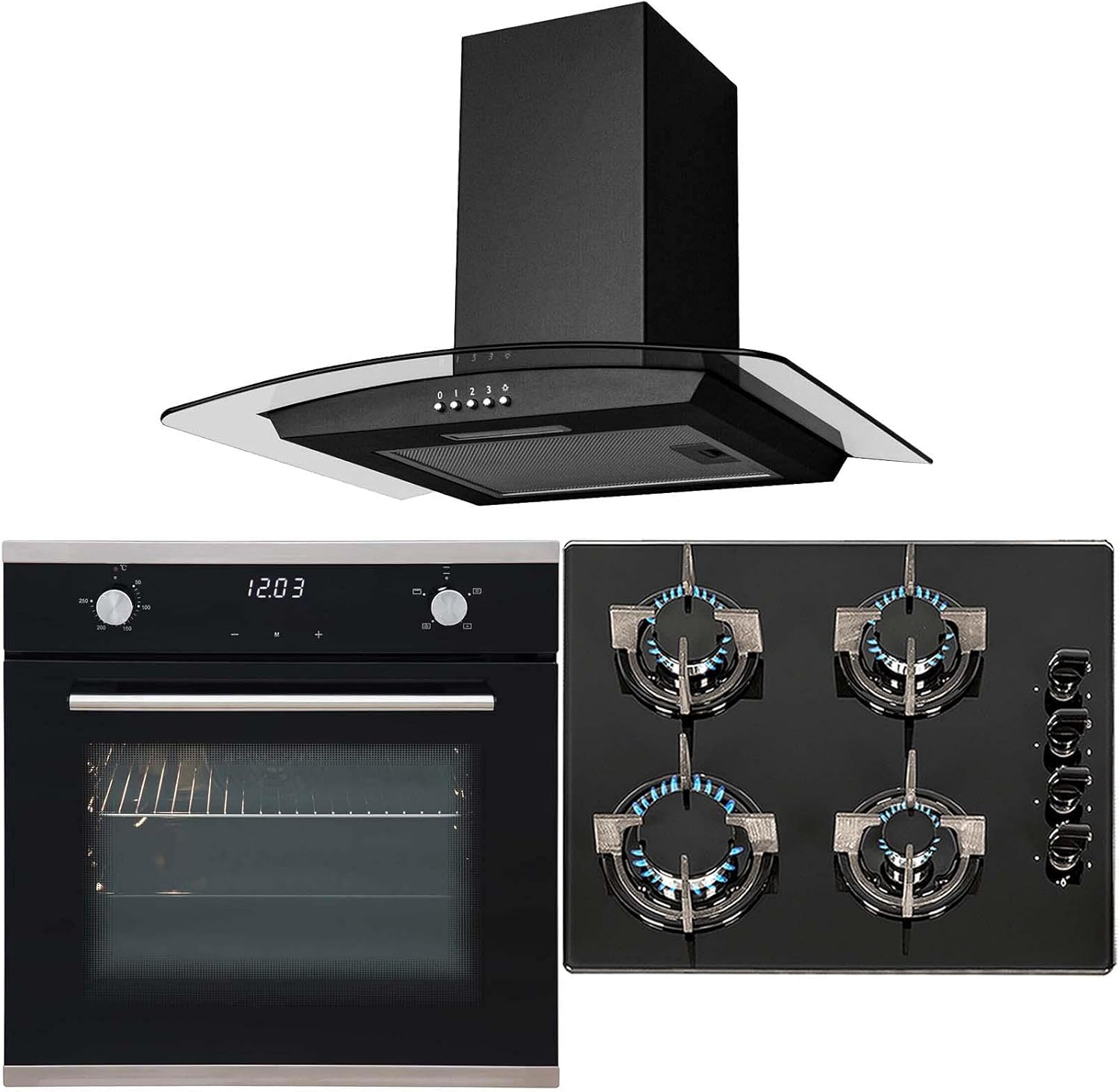 SIA 60cm Touch Control Single Electric Fan Oven, 4 burner Gas Hob & Curved Hood.