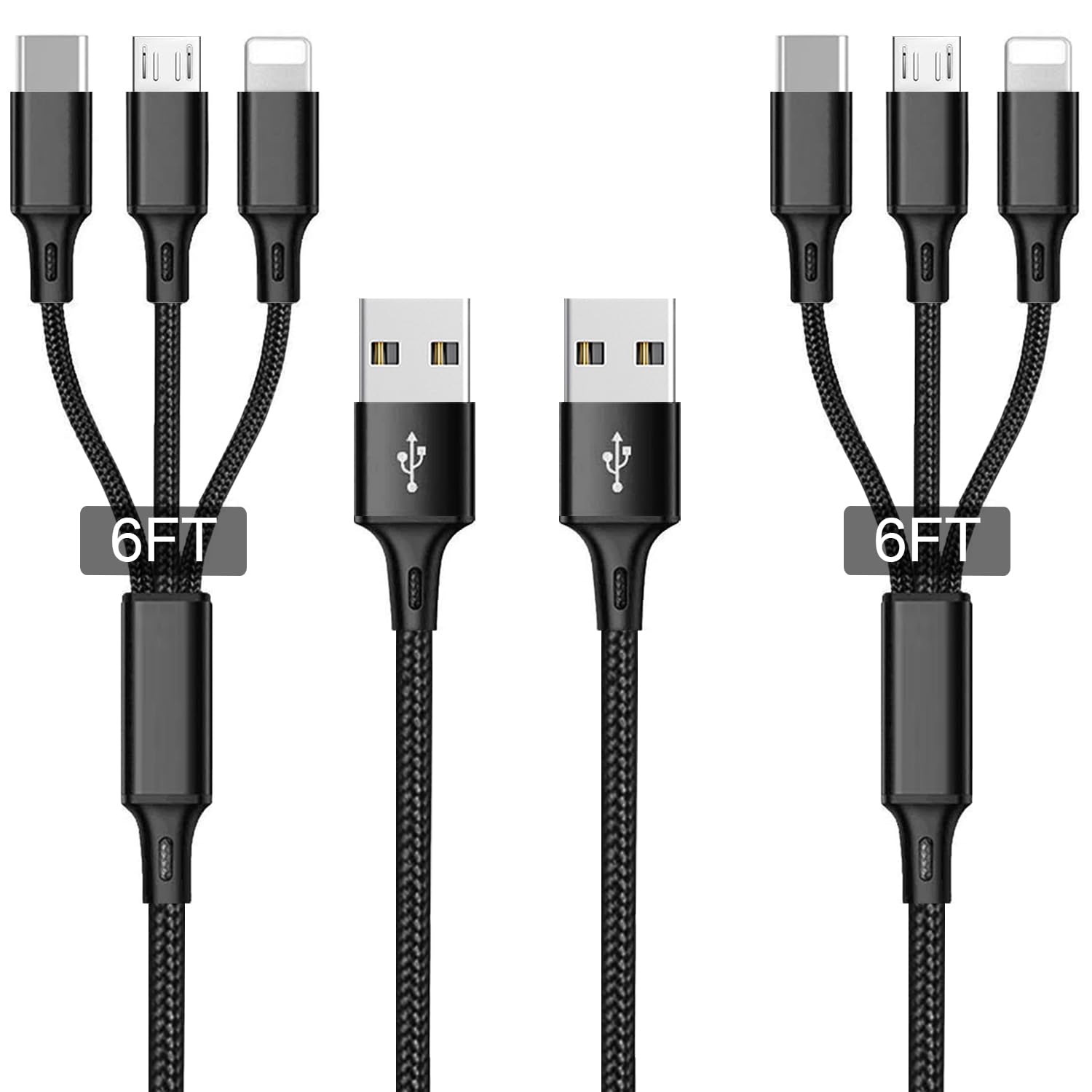 Multi Charging Cable 2 Packs 6.6FT, 3A 3 in 1 Fast Charging Cord,2M Nylon Braided Multiple USB Cable with iP Micro USB Type C Port for Phone,Samsung,PS4, Tablet, Xiaomi and More(Black)