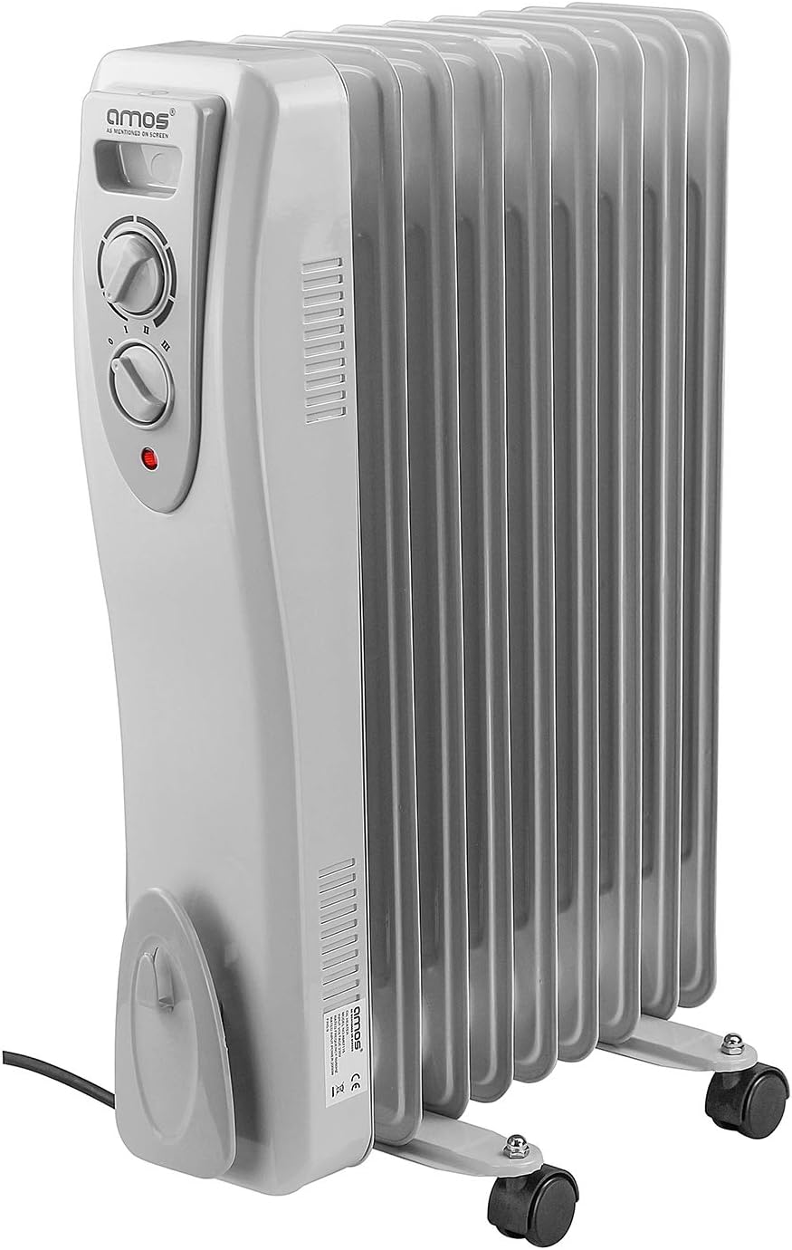 AMOS 3000W Electric Oil Filled Radiator Heater 3kw 13-Fin Portable Thermostat Heating Appliance with 3 Heat Settings, Safety Shut Off, and Power Indicator Ligh.