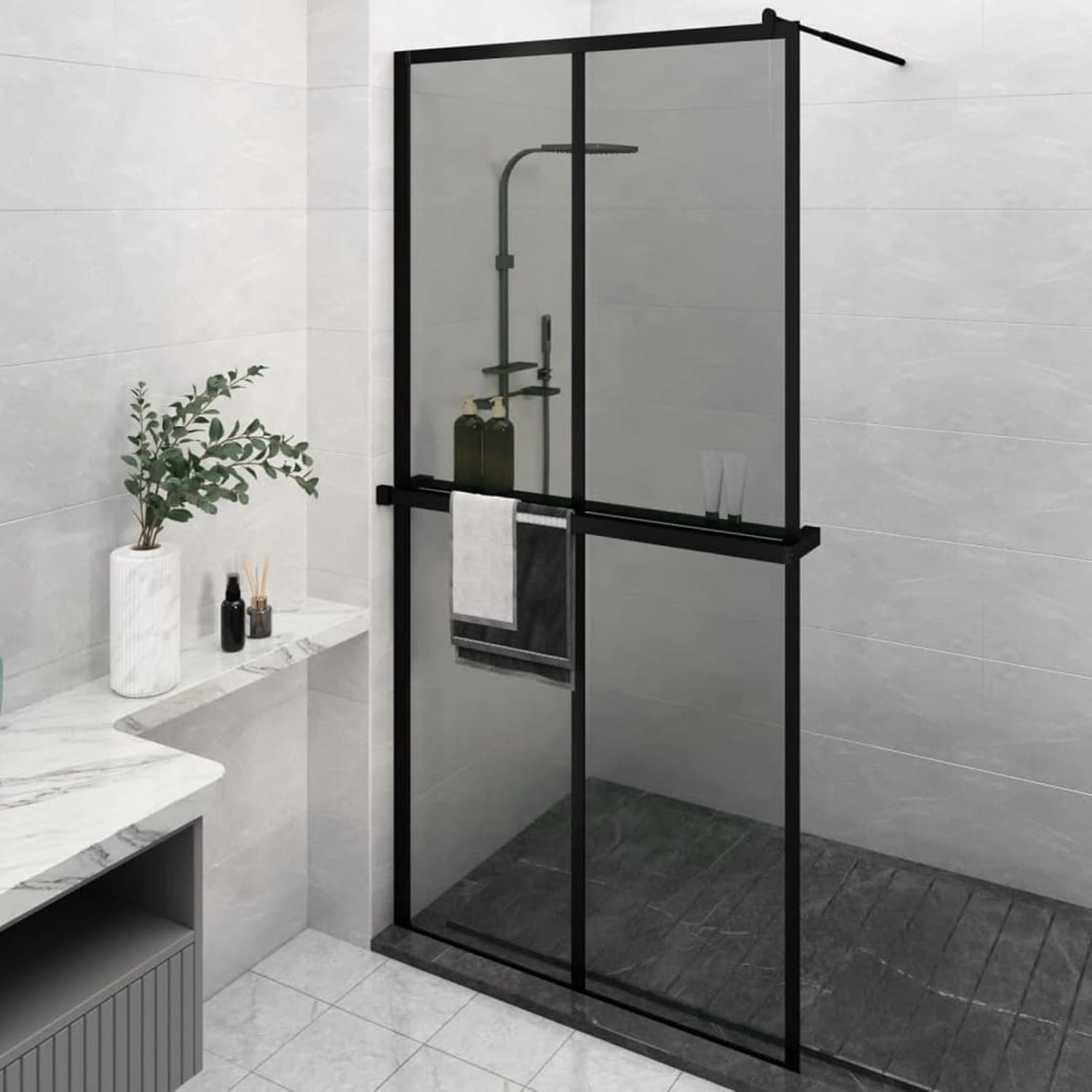 qohoio Walk-in Shower Wall with Shelf Black 118x190 cm ESG Glass&Aluminium,Over Bath Shower Screen Door Framed Toughened Safety Clear Glass Panel Bathroom Bath Screens.