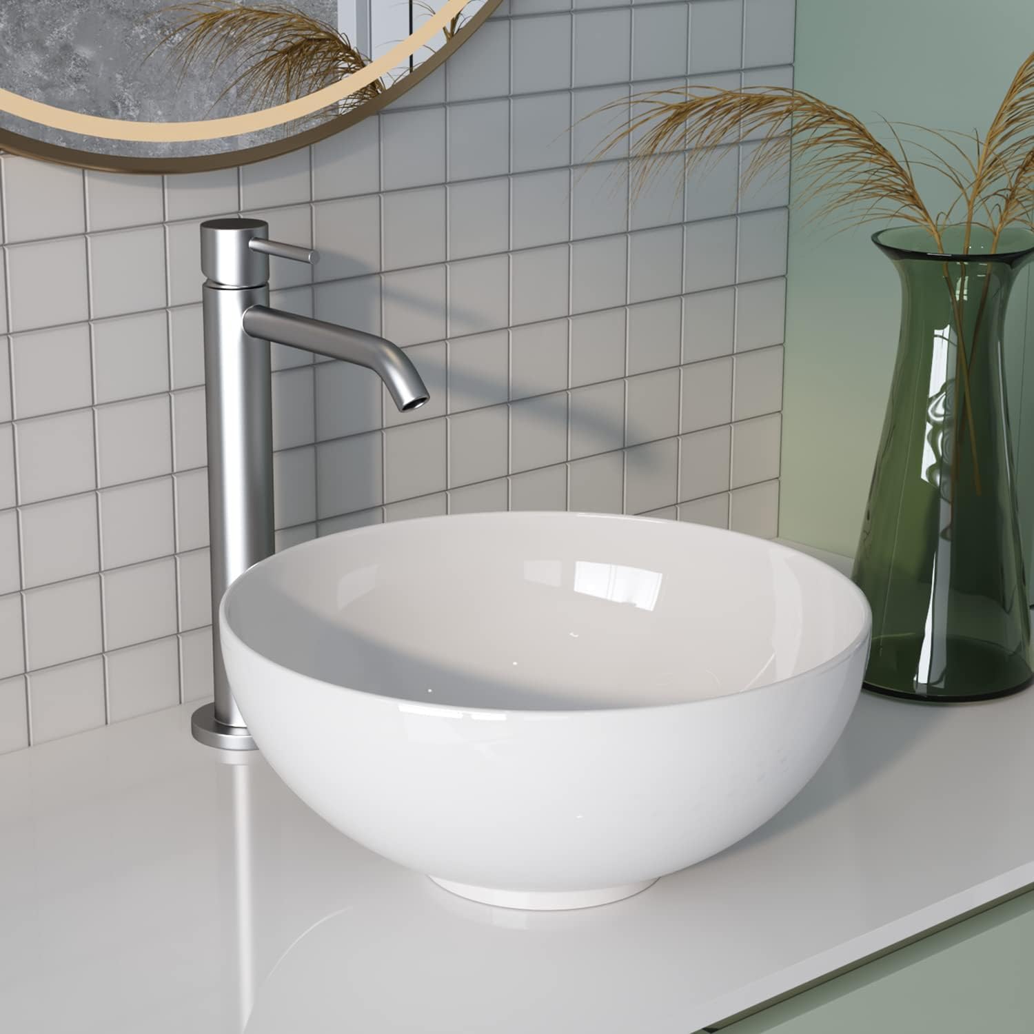 Round Bathroom Vessel Sink, DeerValley Modern Above Counter Ceramic Vanity Vessel Sink, 32.5 x 32.5 x 14cm Bathroom Art Basin (White, DV-1V061).