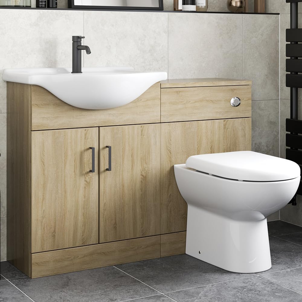 Affine® 1150mm Bathroom Furniture Combination Set with Vanity Unit Wash Basin Storage Cabinet, WC Toilet Back to Wall Units, Pan & Cistern Pack, Soft Close, Oak Effect.