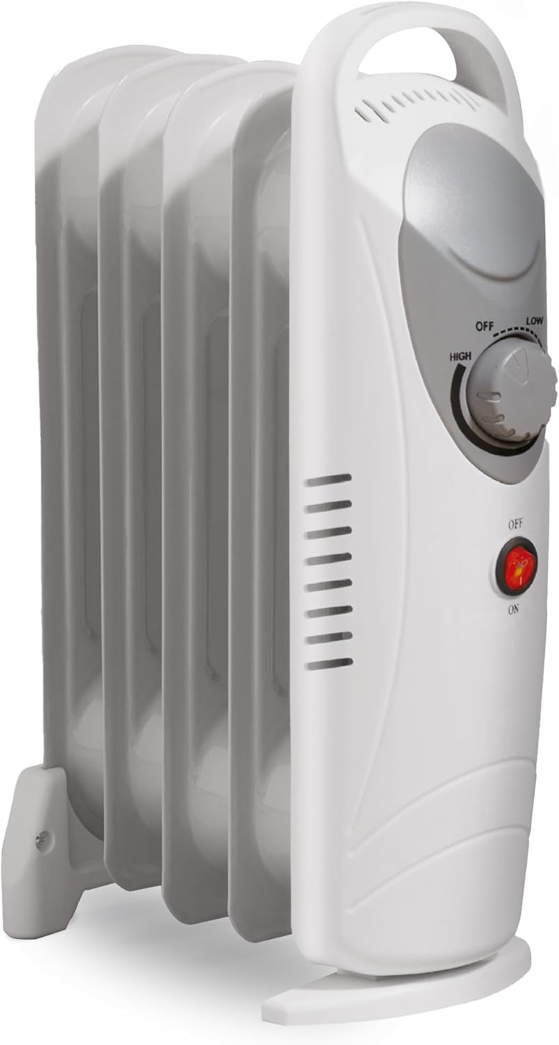 Daewoo Oil Filled 800W Portable Radiator with Thermostat and Temperature Control - Ideal for Home, Garage or Office - White.