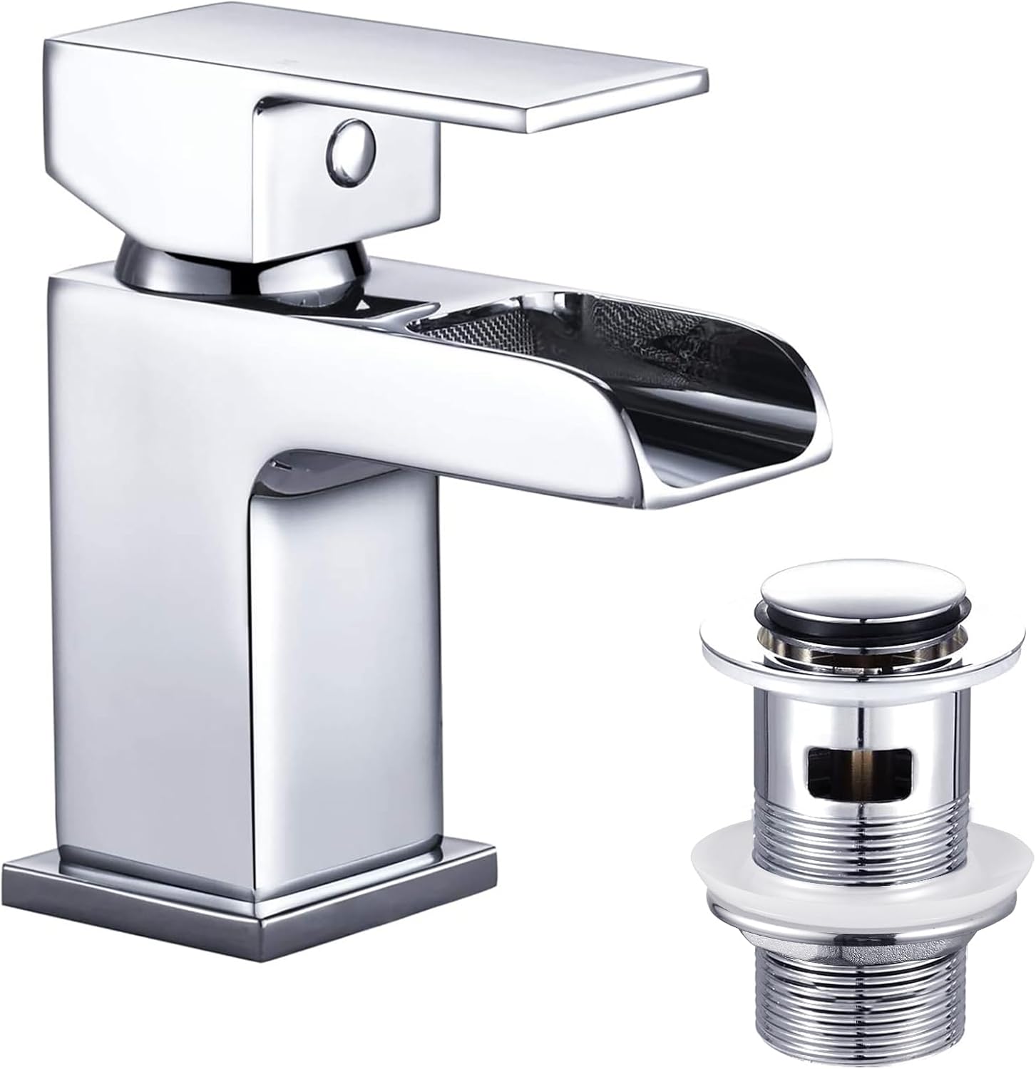 Funime Basin Taps Mixers with Pop-up Waste Slotted Waterfall Bathroom Sink Mixer Tap Square Modern Cloakroom Faucet Monobloc G1/2 Hoses Single Hole.